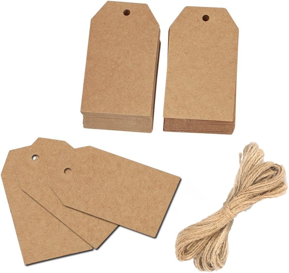 100 Pcs Christmas Gift Tags with String Kraft Paper Vintage Wedding Hang Tags 7x4cm with Natural Jute Twine - Image 1