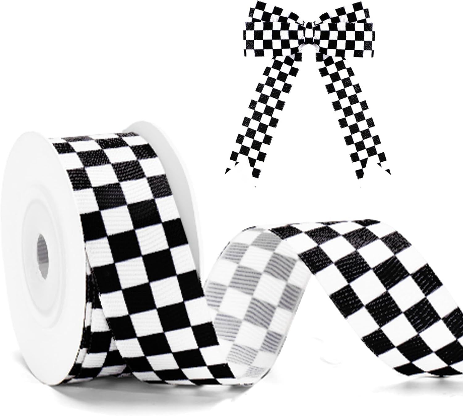 Black and White Checkered Ribbon - Racing Car Theme Black Grosgrain Buffalo Plaid Ribbon for Gift Wrapping, 1 in x 10 Yds White Gingham Ribbons for Crafts, Wreath, and Racing Cakes Decor - Image 1