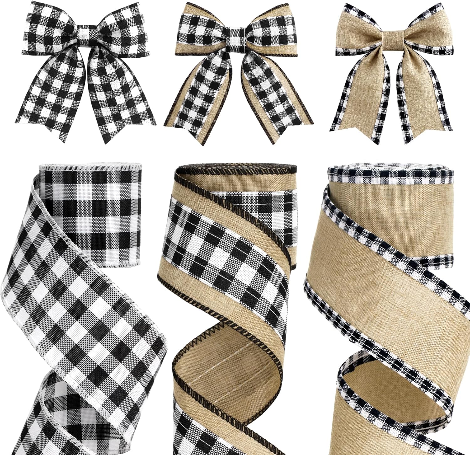 Buffalo Plaid Ribbon Wired – 3 Rolls 2.5'' x 18 Yards, Burlap Black and White Plaid Ribbons for Crafts, Christmas Gift Wrapping, Wreaths and Decoration - Image 1