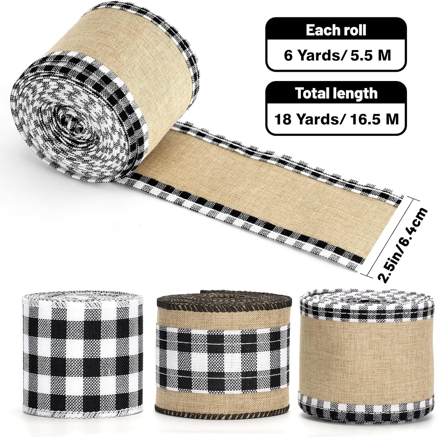 Buffalo Plaid Ribbon Wired – 3 Rolls 2.5'' x 18 Yards, Burlap Black and White Plaid Ribbons for Crafts, Christmas Gift Wrapping, Wreaths and Decoration - Image 2