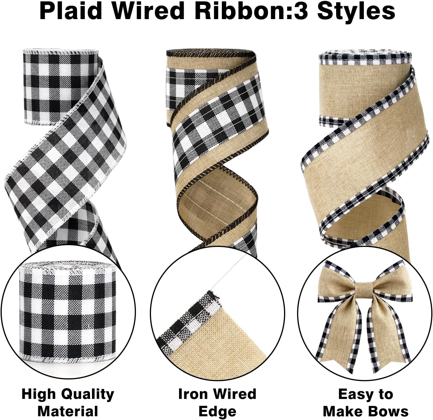 Buffalo Plaid Ribbon Wired – 3 Rolls 2.5'' x 18 Yards, Burlap Black and White Plaid Ribbons for Crafts, Christmas Gift Wrapping, Wreaths and Decoration - Image 3