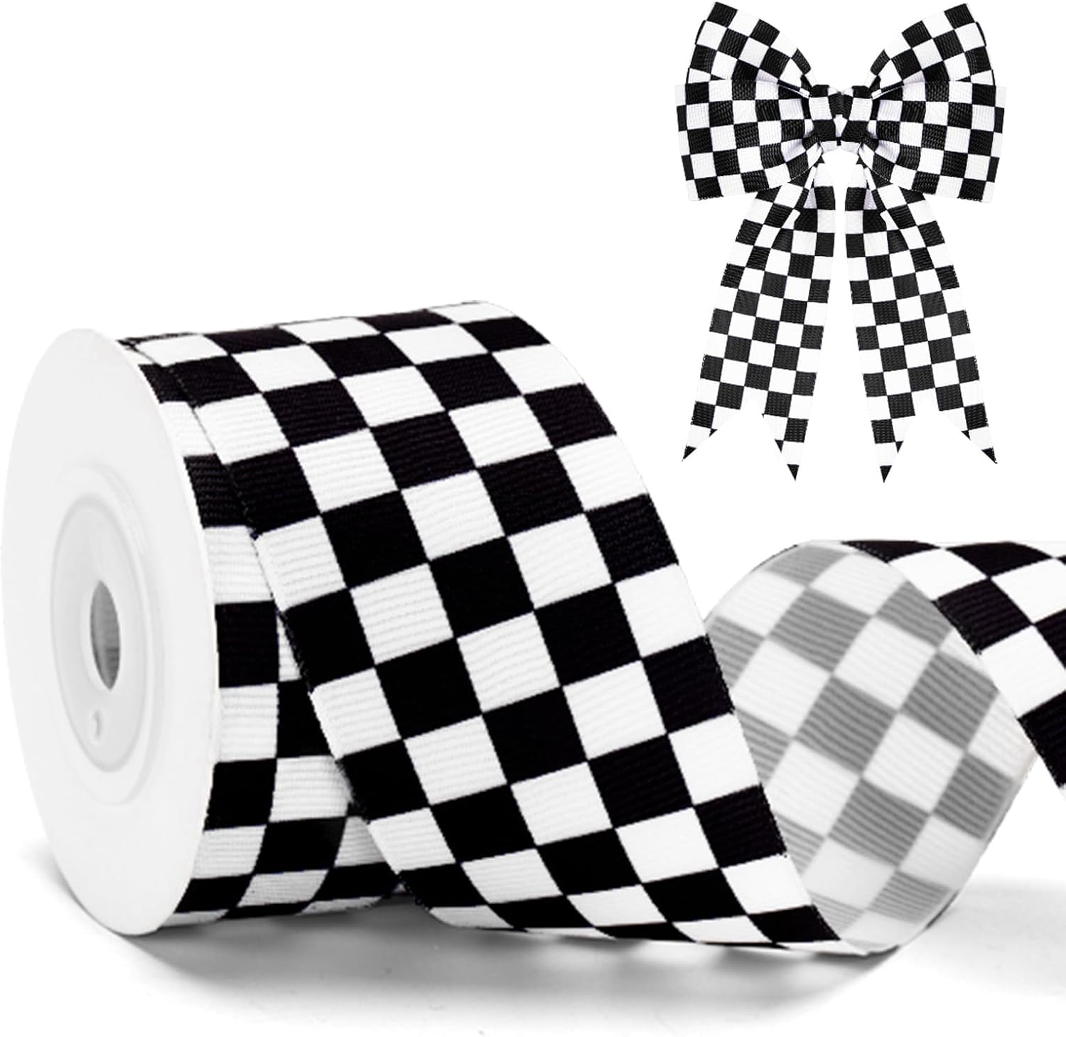 Black and White Checkered Ribbon - Racing Car Theme Black Grosgrain Buffalo Plaid Ribbon for Gift Wrapping, 1.5 in x 10 Yds White Gingham Ribbons for Crafts, Wreath, and Racing Cakes Decor - Image 1
