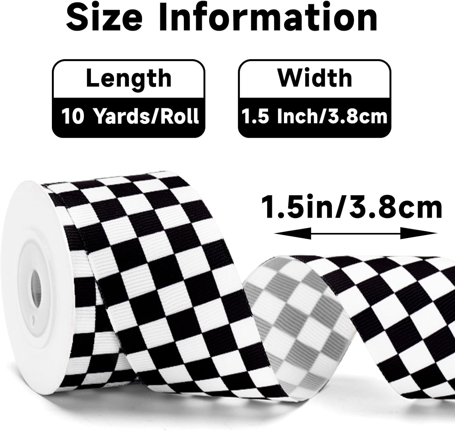Black and White Checkered Ribbon - Racing Car Theme Black Grosgrain Buffalo Plaid Ribbon for Gift Wrapping, 1.5 in x 10 Yds White Gingham Ribbons for Crafts, Wreath, and Racing Cakes Decor - Image 2