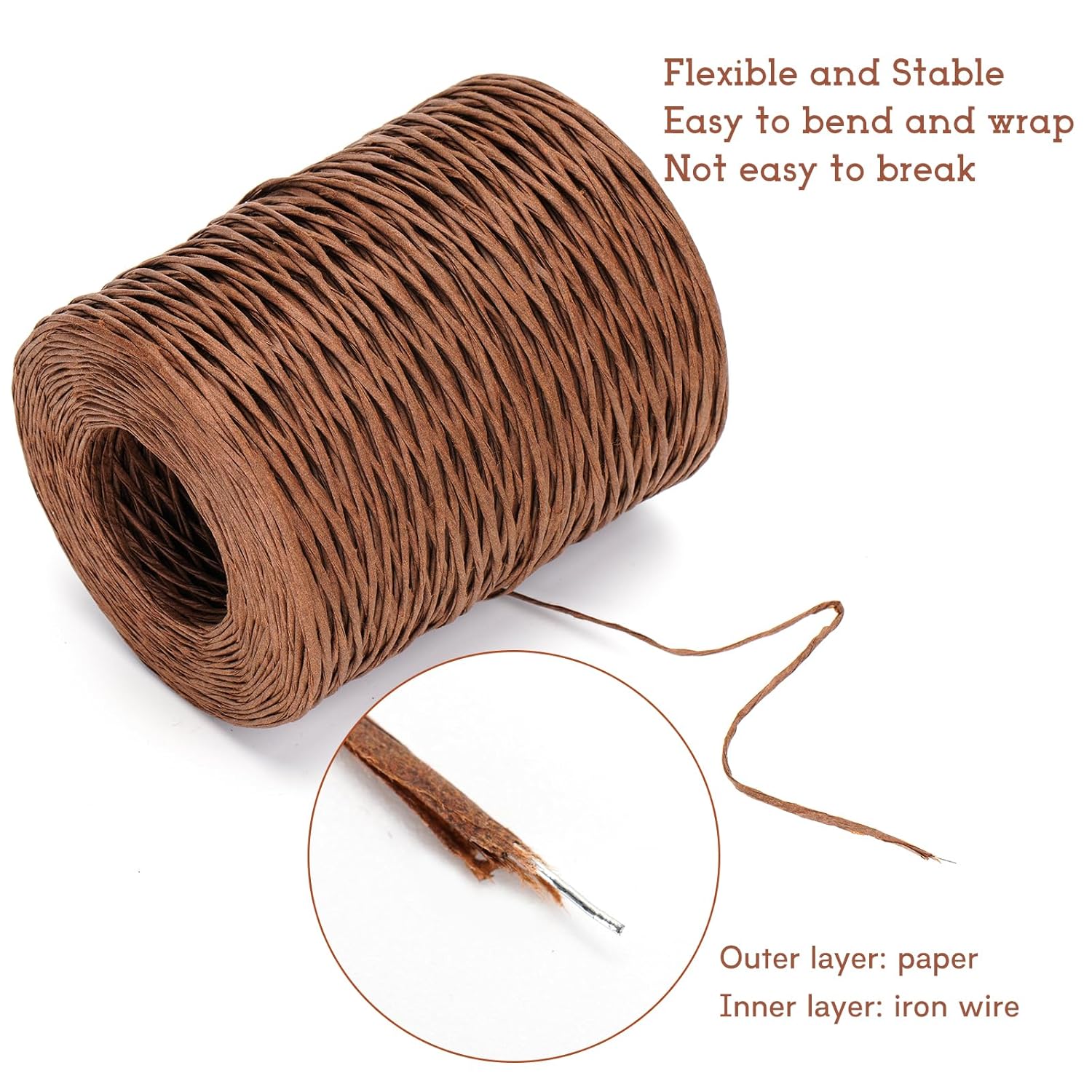 Floral Wire - 656 Feet Rustic Wrapping Wire, Paper Covered, 2mm Brown, Ideal for Crafts, Flower Bouquets, Wedding & Christmas Wreaths - Image 2