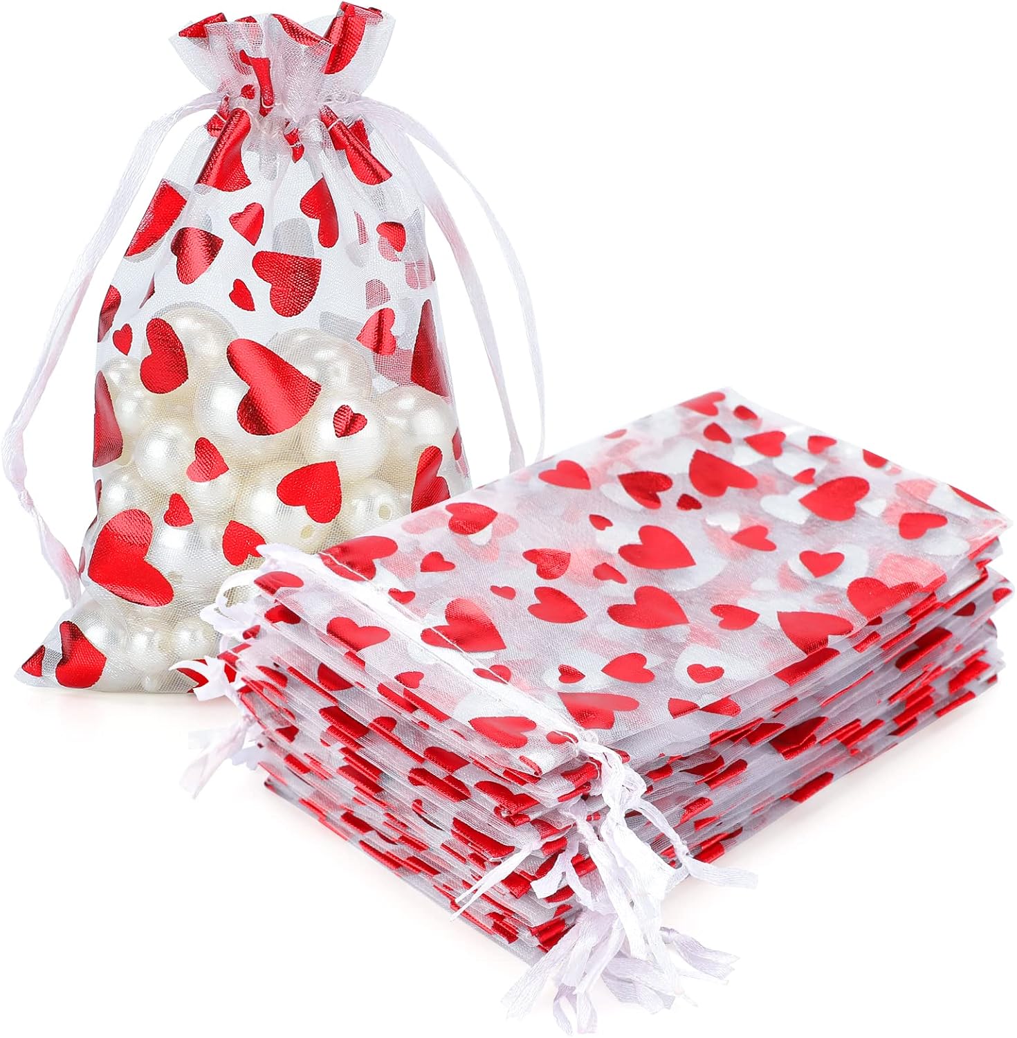 100 Pcs Red Organza Favor Gift Bags,4x6inch Valentine's Day Drawstring Gift Bags,Jewelry Gift Pouches Mesh Party Favor Bags - Image 1