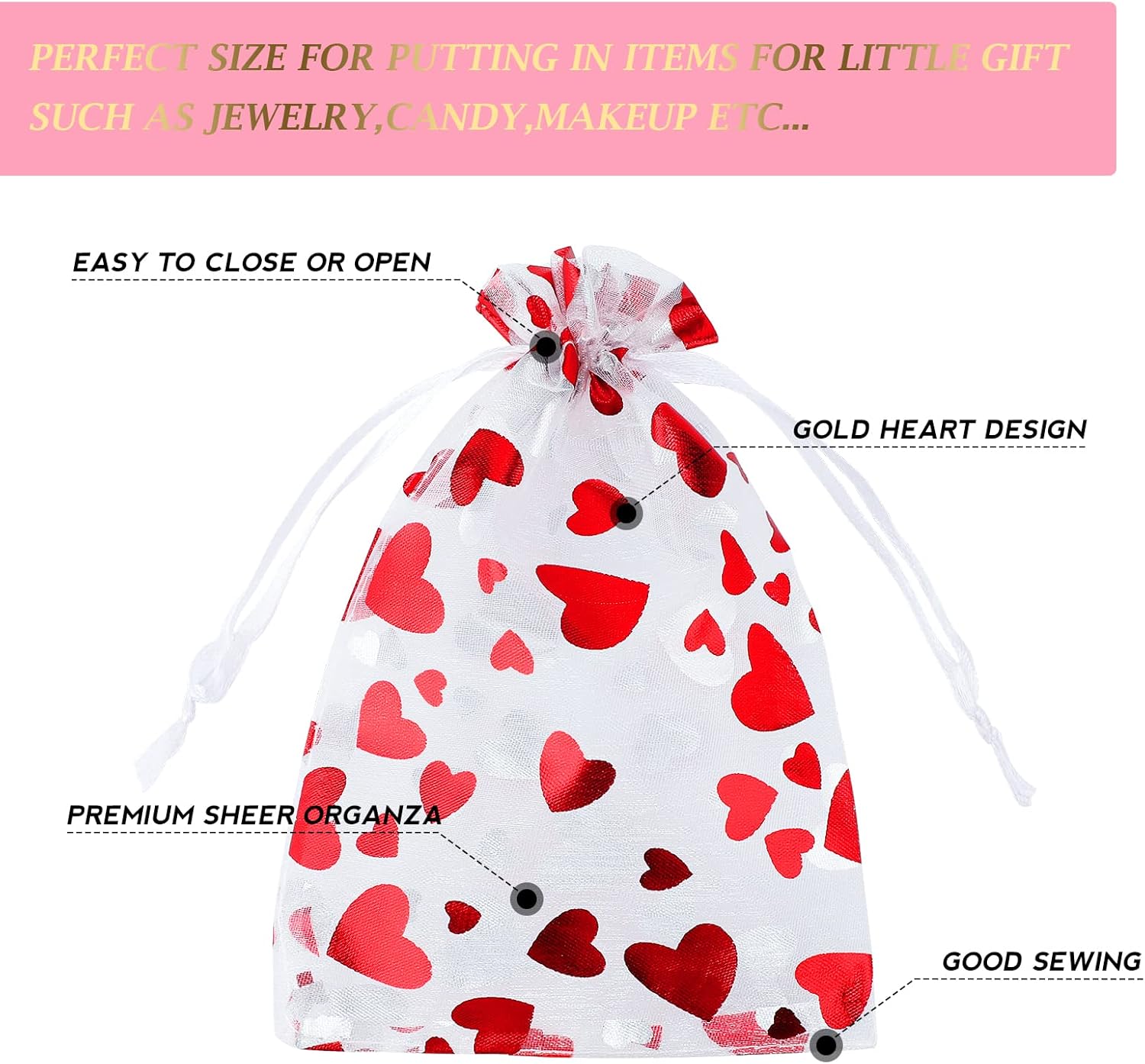 100 Pcs Red Organza Favor Gift Bags,4x6inch Valentine's Day Drawstring Gift Bags,Jewelry Gift Pouches Mesh Party Favor Bags - Image 3