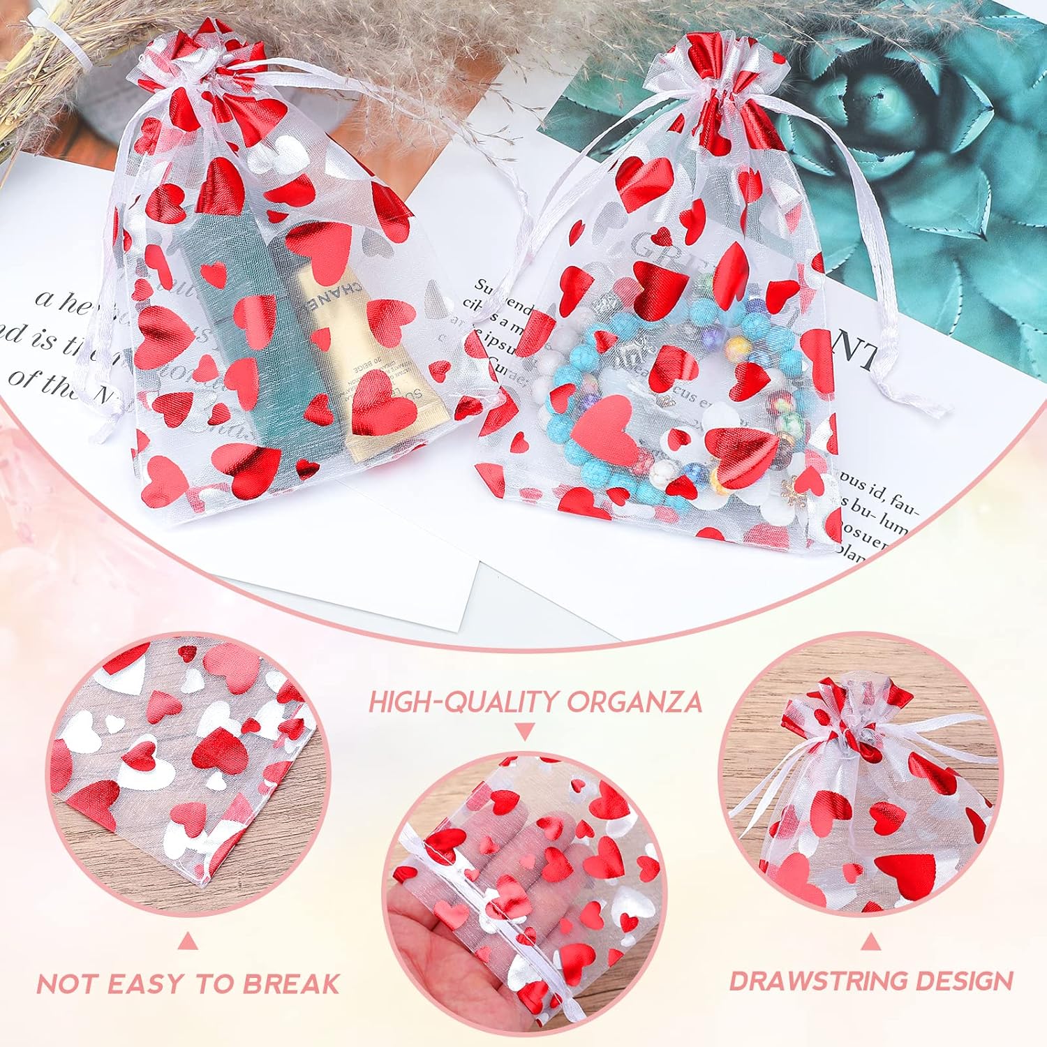 100 Pcs Red Organza Favor Gift Bags,4x6inch Valentine's Day Drawstring Gift Bags,Jewelry Gift Pouches Mesh Party Favor Bags - Image 4