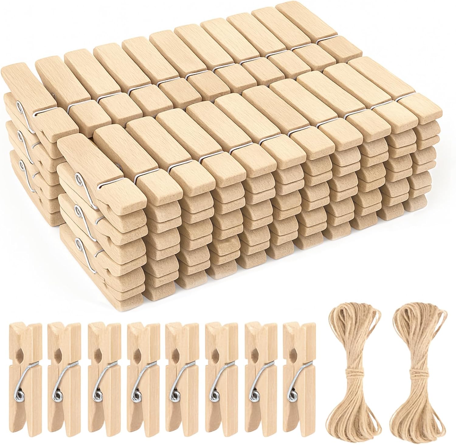 Mini Clothespins Wooden - Small Clothes Pins for Crafts 1.4 Inch,50 Pcs Natural Clothespins Clips with Jute String for Hanging Pictures,Photo Displays,Baby Cloth,Classroom Arts - Image 1