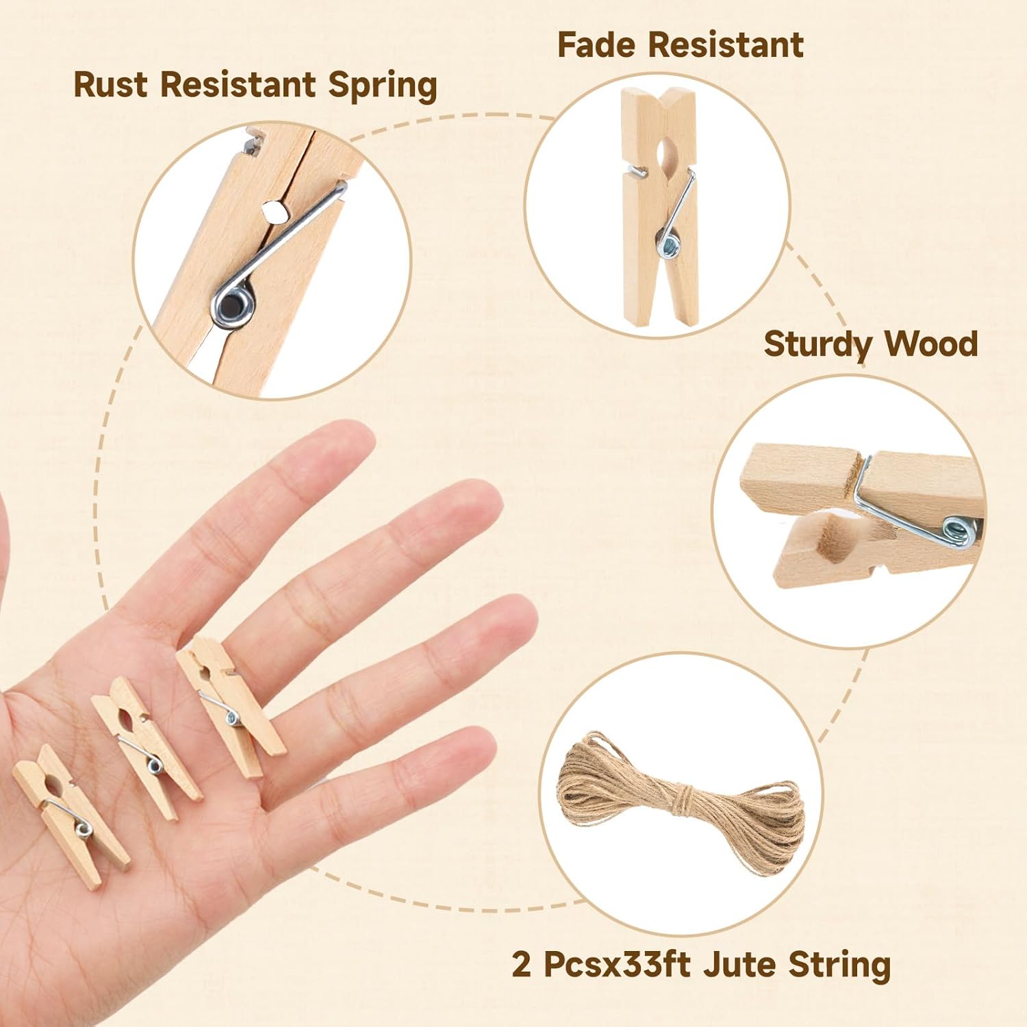 Mini Clothespins Wooden - Small Clothes Pins for Crafts 1.4 Inch,50 Pcs Natural Clothespins Clips with Jute String for Hanging Pictures,Photo Displays,Baby Cloth,Classroom Arts - Image 3