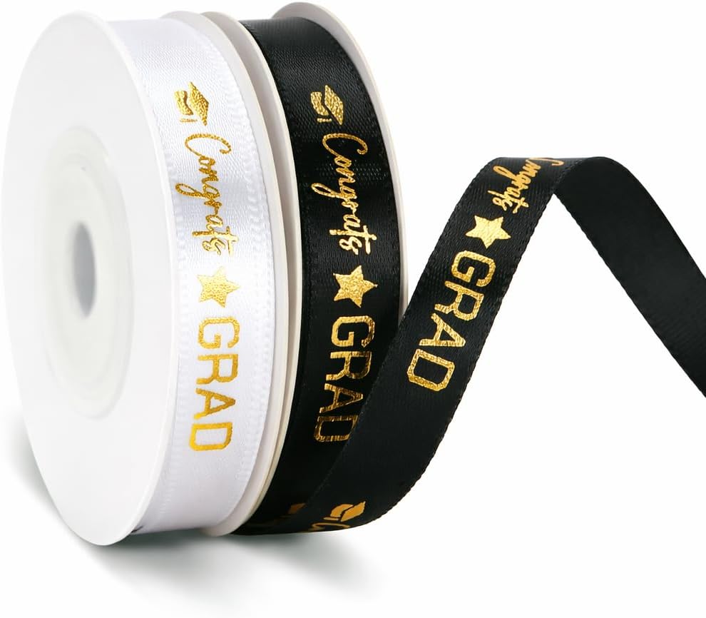 2 Rolls 2026 Graduation Ribbon - 3/8'' x 20 Yards Congrats Grad Gold Satin Ribbon for Gift Wrapping Class of 2026 Graduation Party Decorations DIY Crafts Black and White with Gold Printing - Image 1