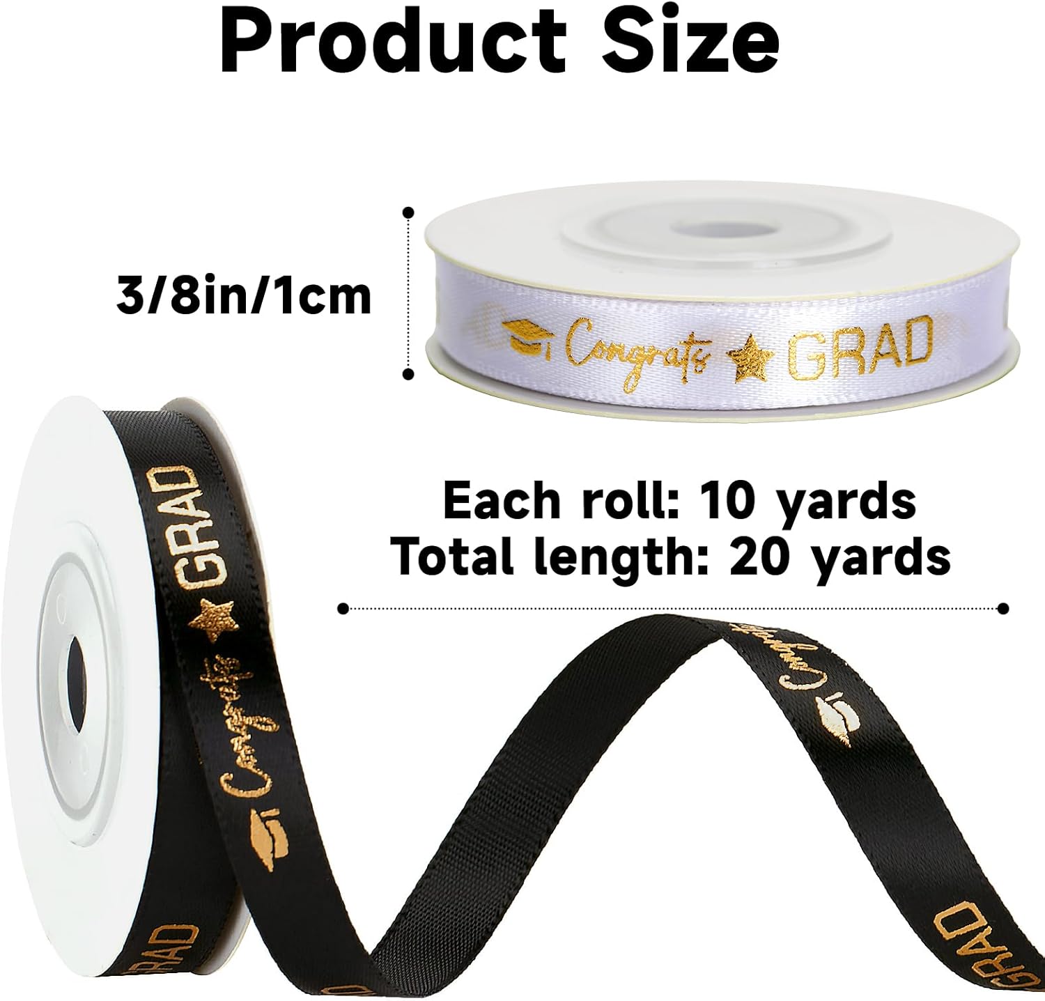 2 Rolls 2026 Graduation Ribbon - 3/8'' x 20 Yards Congrats Grad Gold Satin Ribbon for Gift Wrapping Class of 2026 Graduation Party Decorations DIY Crafts Black and White with Gold Printing - Image 2