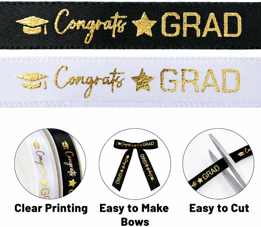 2 Rolls 2026 Graduation Ribbon - 3/8'' x 20 Yards Congrats Grad Gold Satin Ribbon for Gift Wrapping Class of 2026 Graduation Party Decorations DIY Crafts Black and White with Gold Printing - Image 3