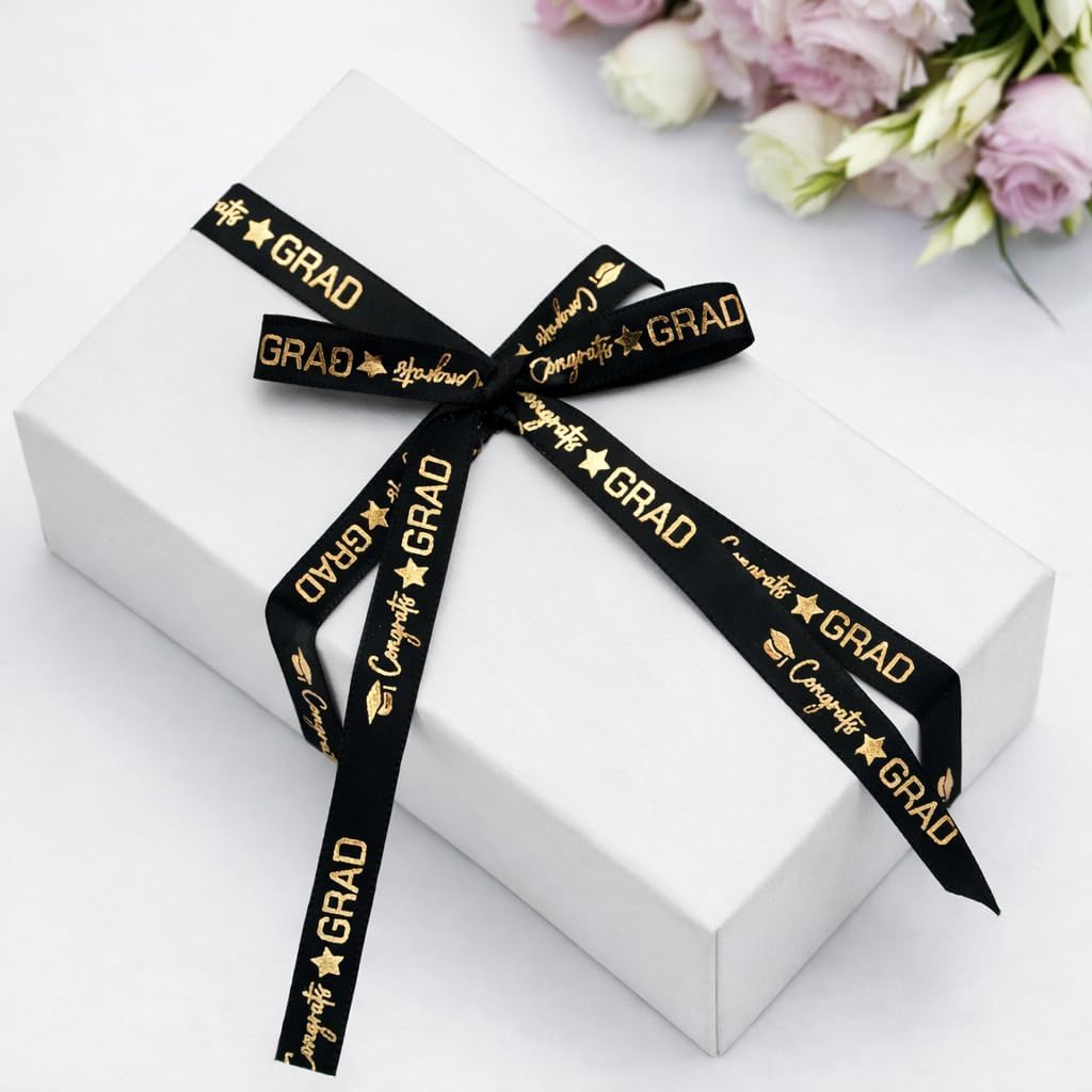 2 Rolls 2026 Graduation Ribbon - 3/8'' x 20 Yards Congrats Grad Gold Satin Ribbon for Gift Wrapping Class of 2026 Graduation Party Decorations DIY Crafts Black and White with Gold Printing - Image 4