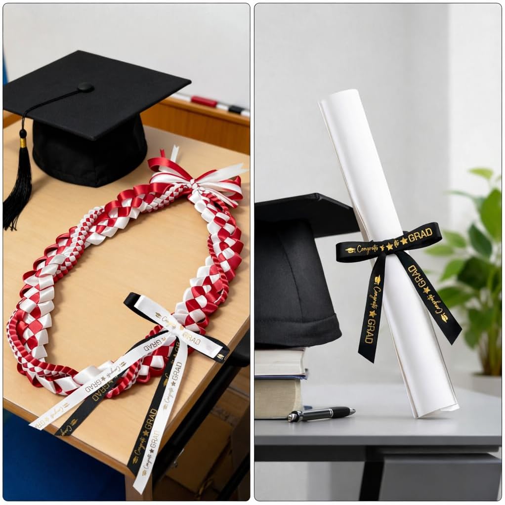 2 Rolls 2026 Graduation Ribbon - 3/8'' x 20 Yards Congrats Grad Gold Satin Ribbon for Gift Wrapping Class of 2026 Graduation Party Decorations DIY Crafts Black and White with Gold Printing - Image 5