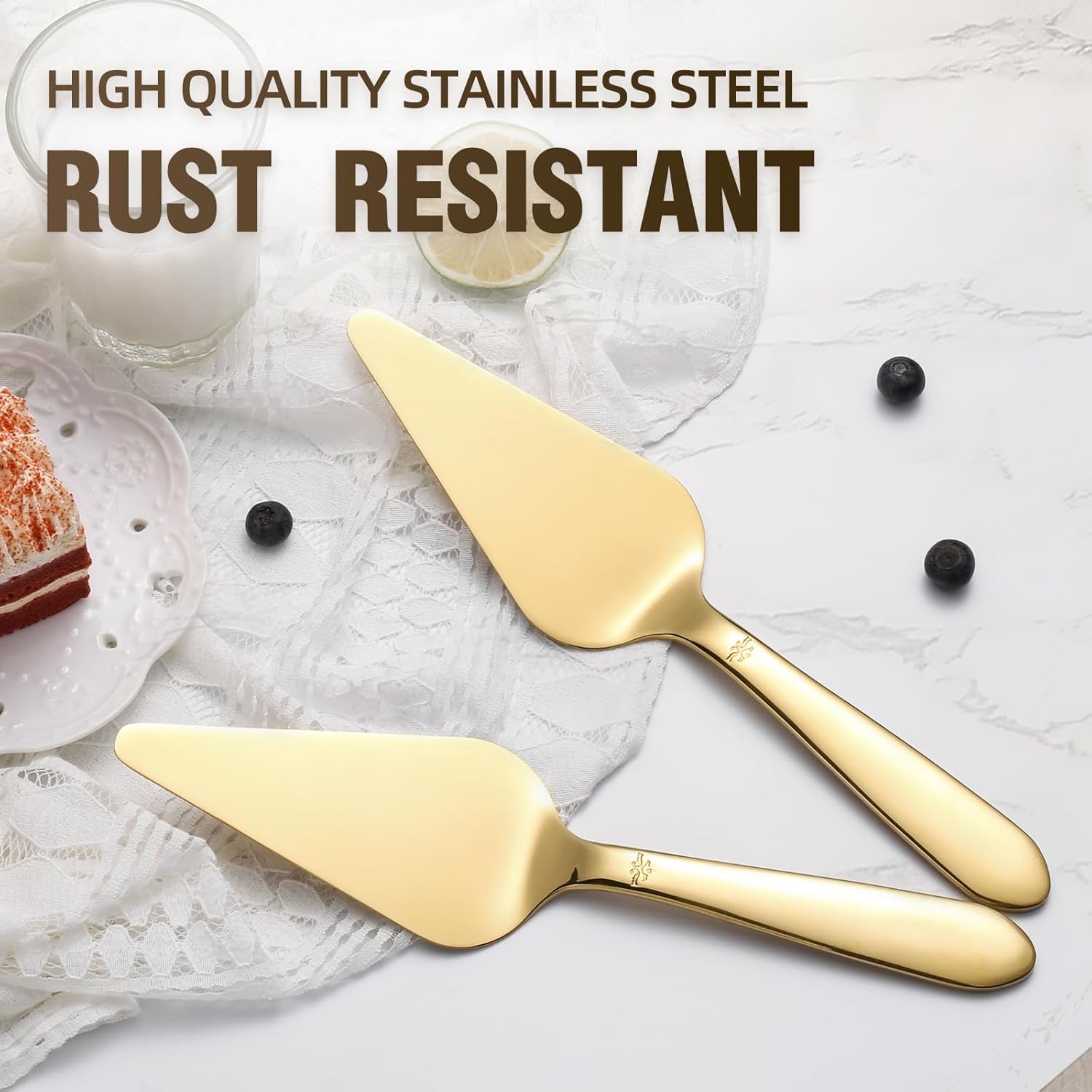 Cake Server, Wedding Cake Cutting Set 2 Piece Gold Cake Cutter, Stainless Steel Pie Server with Smooth Edge and Exquisite Pattern Design for Pastry Pizza Dessert - Image 2