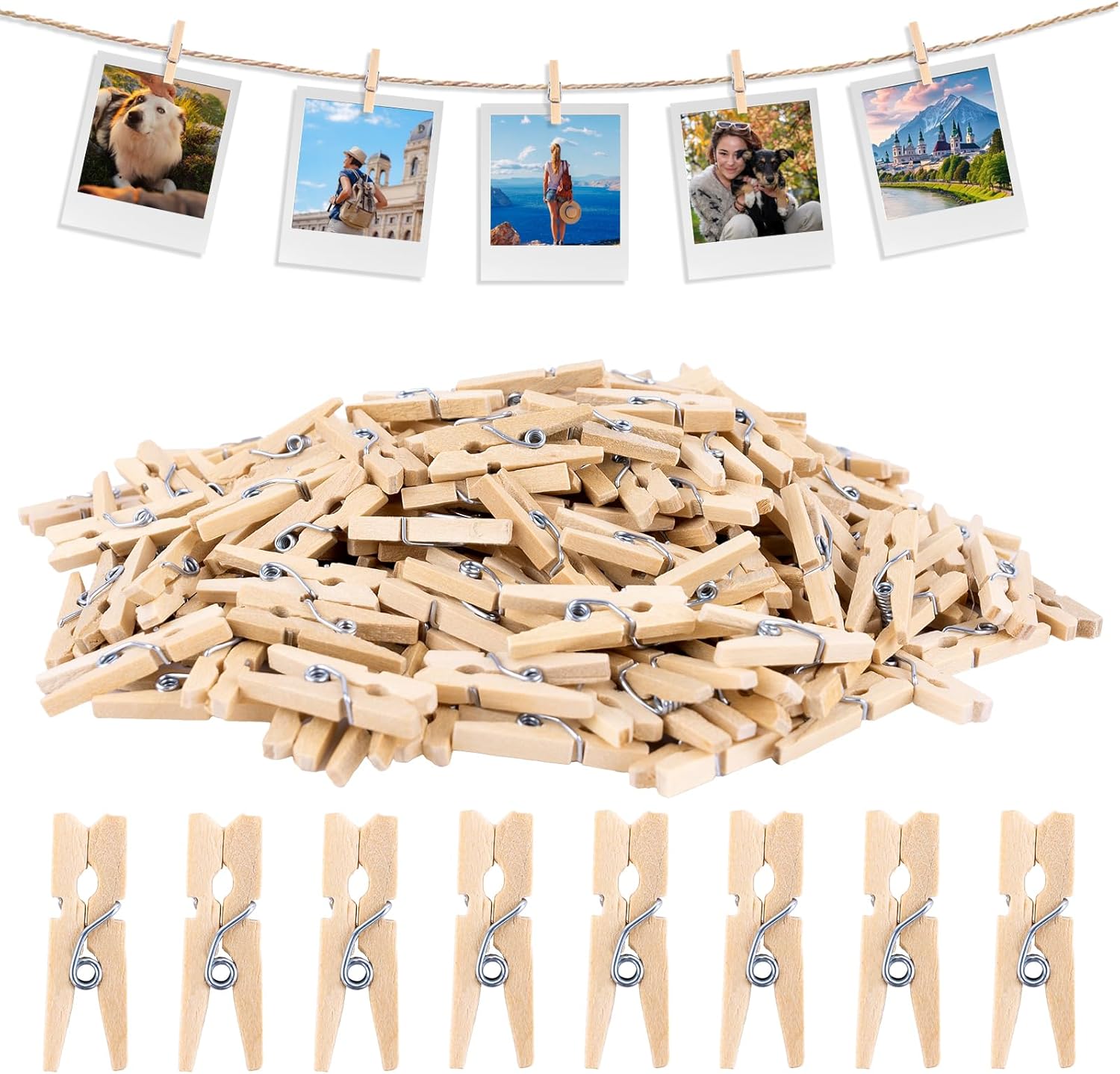 Mini Clothespins for Photo - 200 Pcs 1 Inch Small Natural Wooden Clothes Pins for Crafts with 33 FT Jute Twine Mini Photo Clips for Photos Display Cocktail Decoration - Image 1