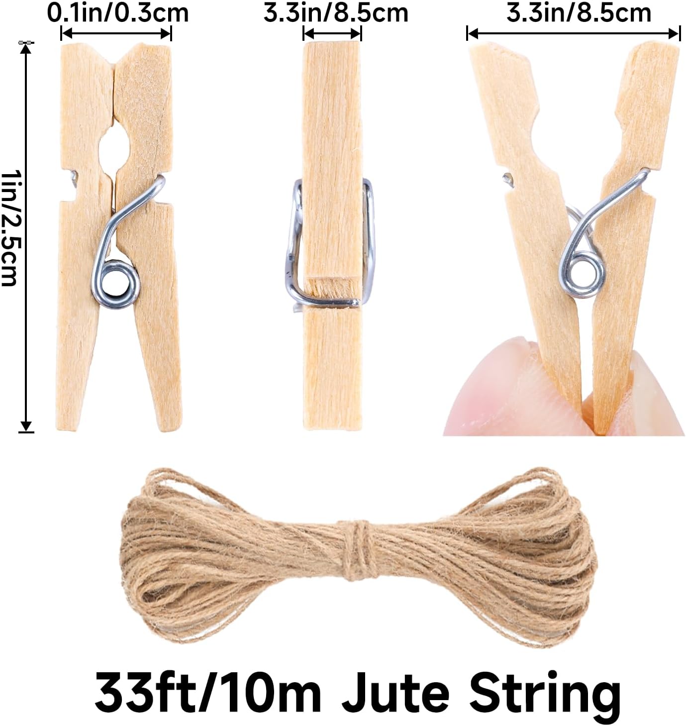 Mini Clothespins for Photo - 200 Pcs 1 Inch Small Natural Wooden Clothes Pins for Crafts with 33 FT Jute Twine Mini Photo Clips for Photos Display Cocktail Decoration - Image 2