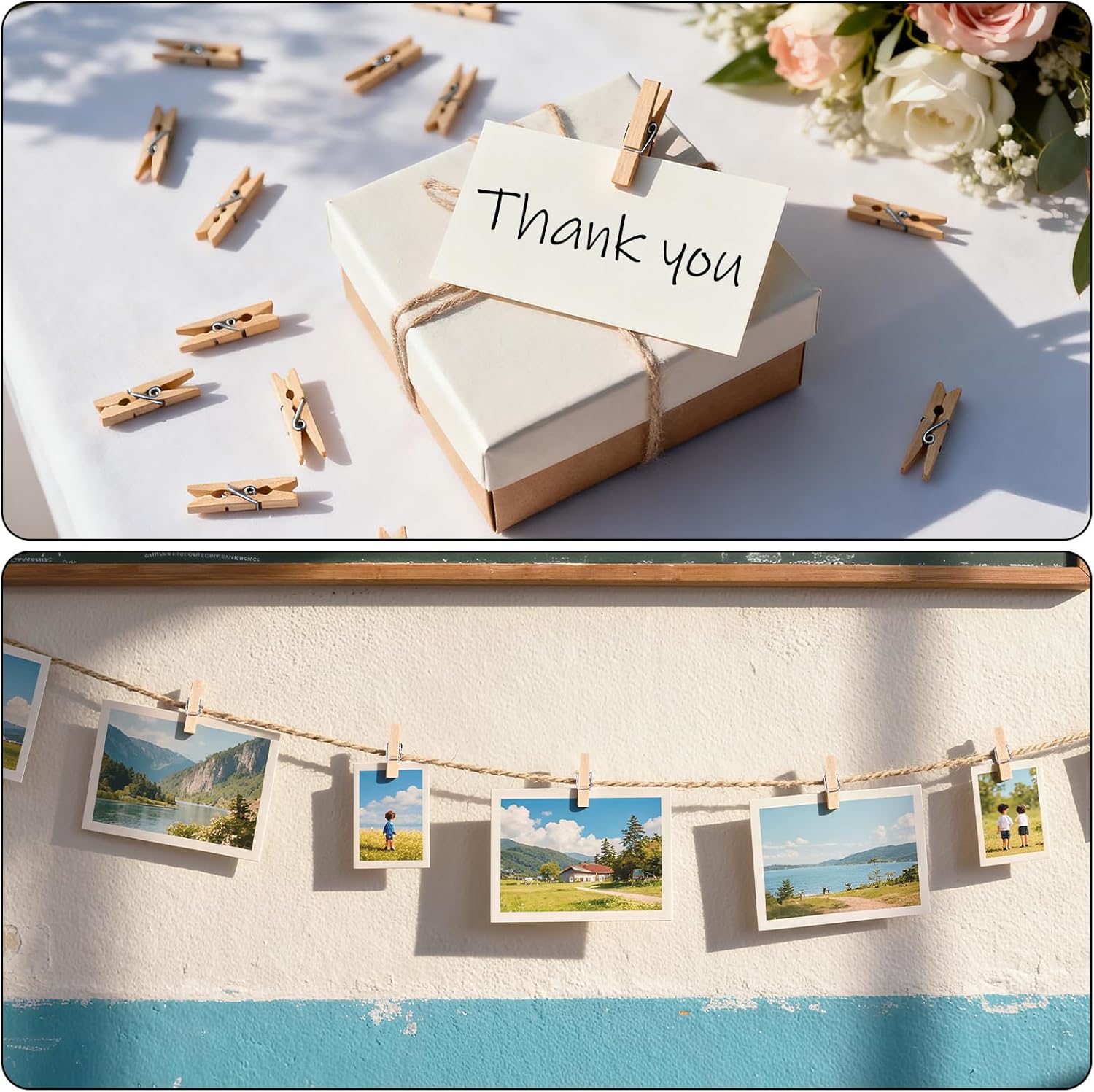 Mini Clothespins for Photo - 200 Pcs 1 Inch Small Natural Wooden Clothes Pins for Crafts with 33 FT Jute Twine Mini Photo Clips for Photos Display Cocktail Decoration - Image 7