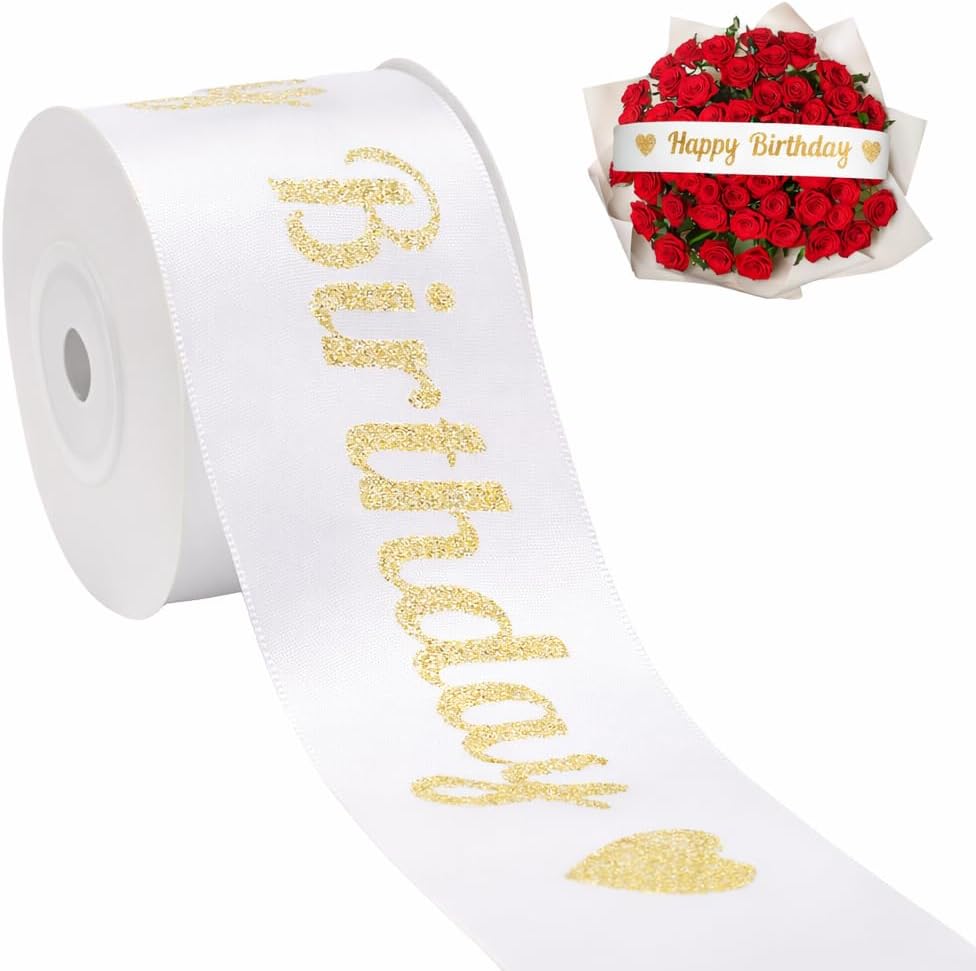 White Glitter Happy Birthday Ribbon - 2'' x 10 Yards Happy Birthday Satin Ribbon with Gold Print for Flower Banner Bouquet Gift Wrapping DIY Crafts Bows Making Cake Party Decoration - Image 1