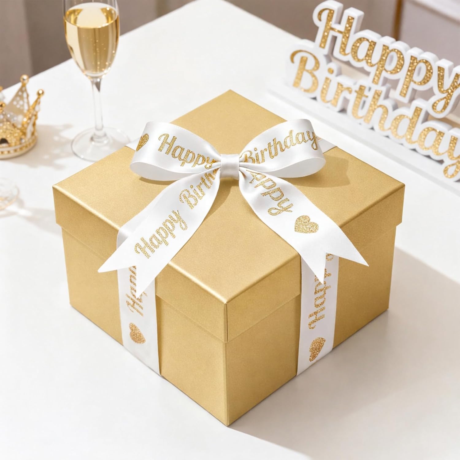 White Glitter Happy Birthday Ribbon - 2'' x 10 Yards Happy Birthday Satin Ribbon with Gold Print for Flower Banner Bouquet Gift Wrapping DIY Crafts Bows Making Cake Party Decoration - Image 5