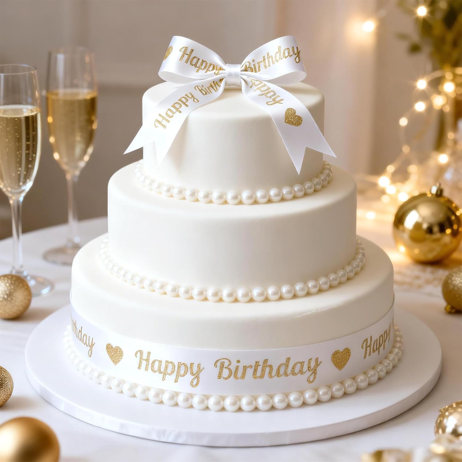 White Glitter Happy Birthday Ribbon - 2'' x 10 Yards Happy Birthday Satin Ribbon with Gold Print for Flower Banner Bouquet Gift Wrapping DIY Crafts Bows Making Cake Party Decoration - Image 6