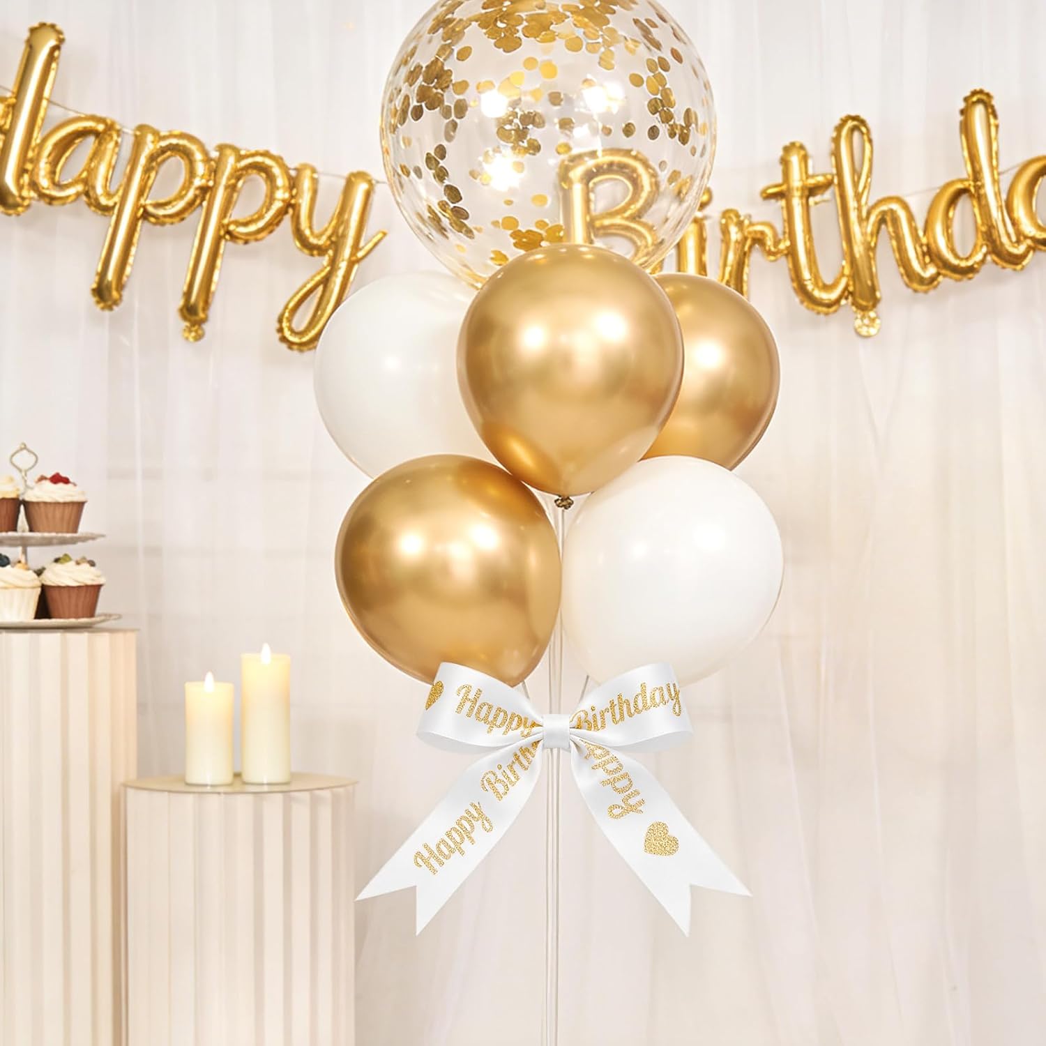 White Glitter Happy Birthday Ribbon - 2'' x 10 Yards Happy Birthday Satin Ribbon with Gold Print for Flower Banner Bouquet Gift Wrapping DIY Crafts Bows Making Cake Party Decoration - Image 7