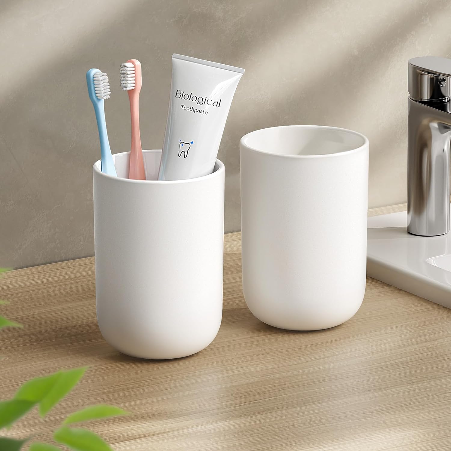 Toothbrush Cup 13oz 380ml, Unbreakable Reusable Bathroom Tumbler 2Pcs, Non-Slip Plastic Bathroom Cup Toothbrush Holders for Bathroom White - Image 1