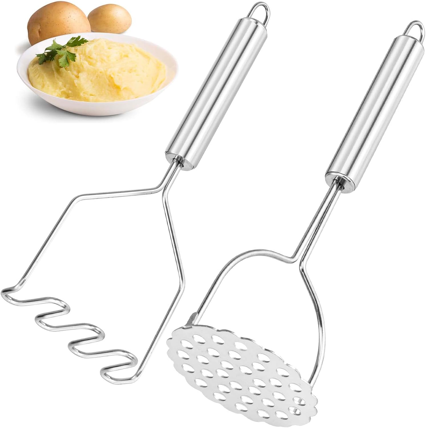 2 Pcs Potato Smasher, Mashed Potato Masher, Stainless Steel Masher Kitchen Tool for Bean, Fruit, Vegetables, Food - Image 1