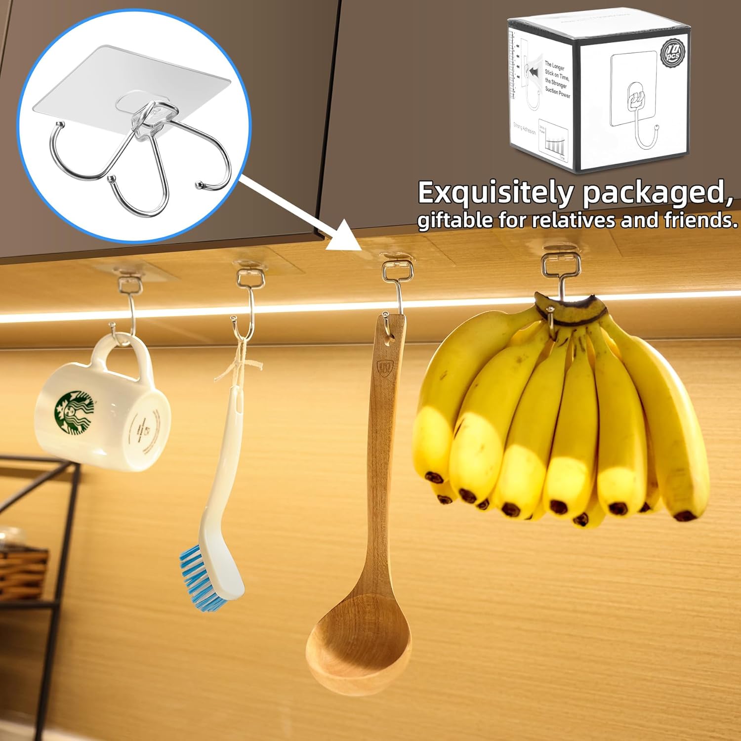 10-Pack All-Purpose Large Adhesive Hooks for Hanging, Banana Hook, Heavy Duty Adhesive Hooks 37 lb(Max), Sticky Wall Hook fit Home, Bathroom, Kitchen, Office and Outdoor - Image 4