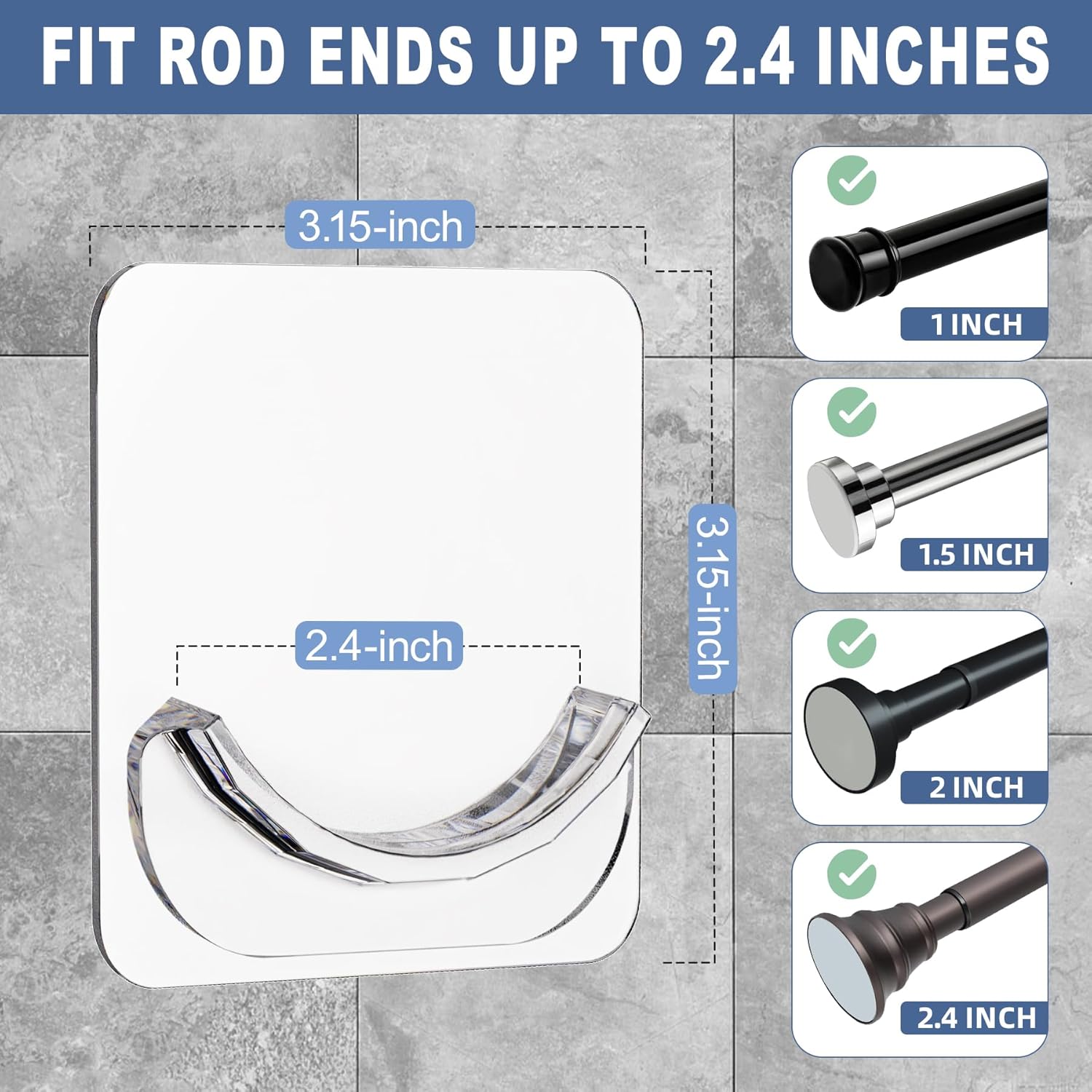 2 Pack Adhesive Curtain Rod Holders, No Drilling Shower Curtain Tension Rod Support Holder, Transparent Clear Durable Bathroom Rod Bracket - Image 2