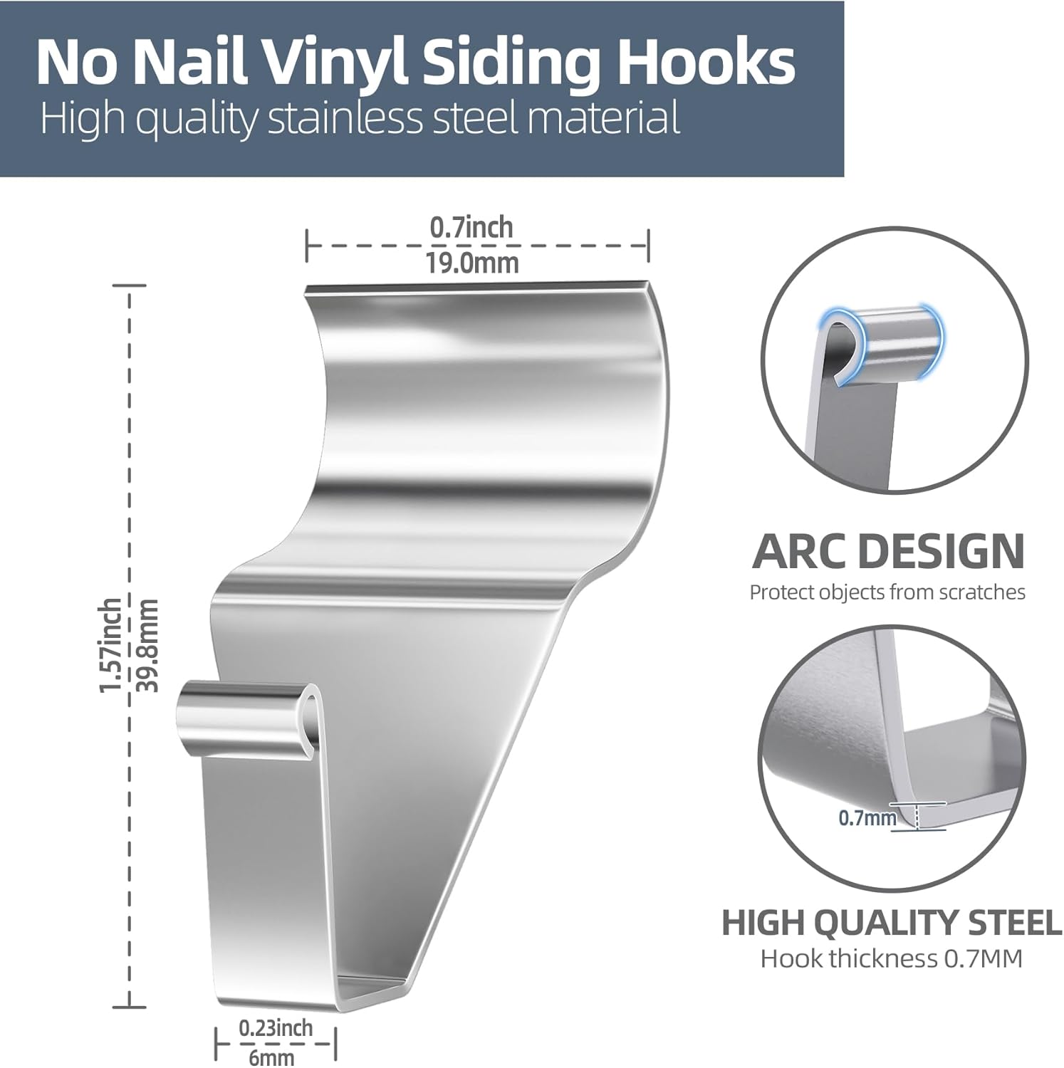 Heavy-Duty Stainless Steel Siding Hooks,20 Pack Vinyl Siding Hooks Hanger,No Hole Siding Hanging Hanger for Hanging on Patio,Vinyl Siding Clips Applicable to Outdoor or Holiday Decoration - Image 3