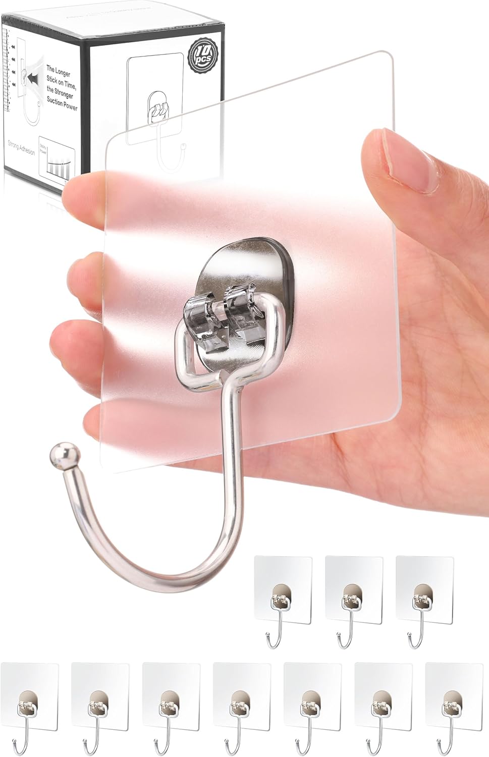 10-Pack Large Adhesive Hooks, Wreath Hangers, Heavy Duty Adhesive Hooks 37 lb(Max), Sticky Wall Hook fit Home, Bathroom, Kitchen, Office and Outdoor (Transparent Gray) - Image 1
