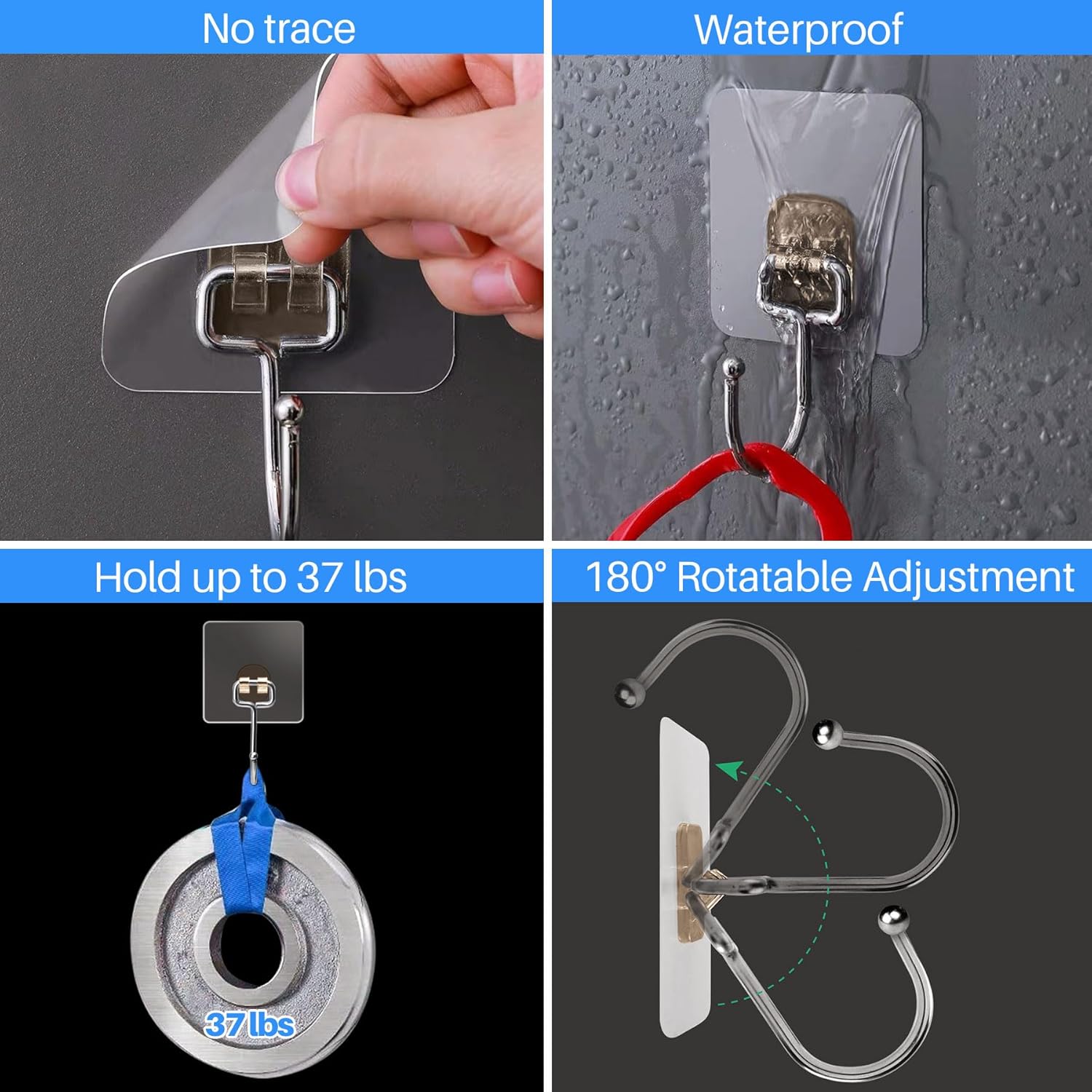 10-Pack Large Adhesive Hooks, Wreath Hangers, Heavy Duty Adhesive Hooks 37 lb(Max), Sticky Wall Hook fit Home, Bathroom, Kitchen, Office and Outdoor (Transparent Gray) - Image 4