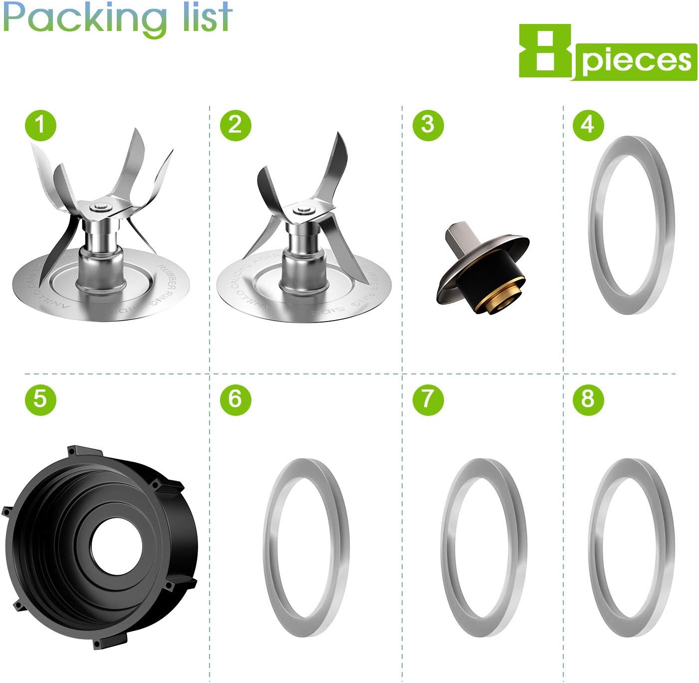 8 Pieces Replacement Part Ice Blades 4961 4980 Jar Bottom Cap 4902 Rubber Gaskets and Coupling Stud Slinger Pin Kit Compatible with Oster & Osterizer Blender Accessories - Image 2