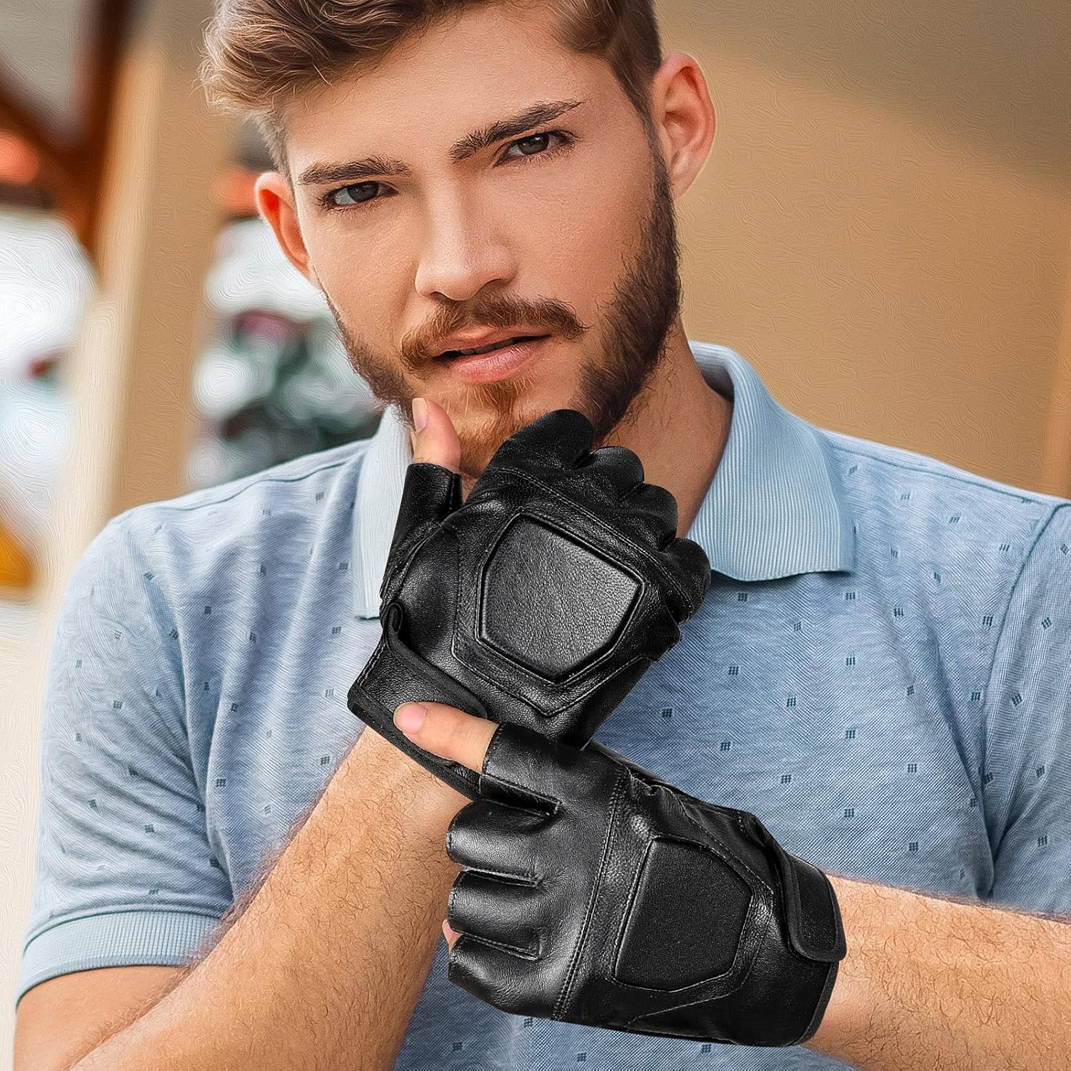 Genuine Leather Cycling Fingerless Gloves, Outdoor Driving Motorcycle Sport Half Finger Glove for Men Women Teens - Image 4