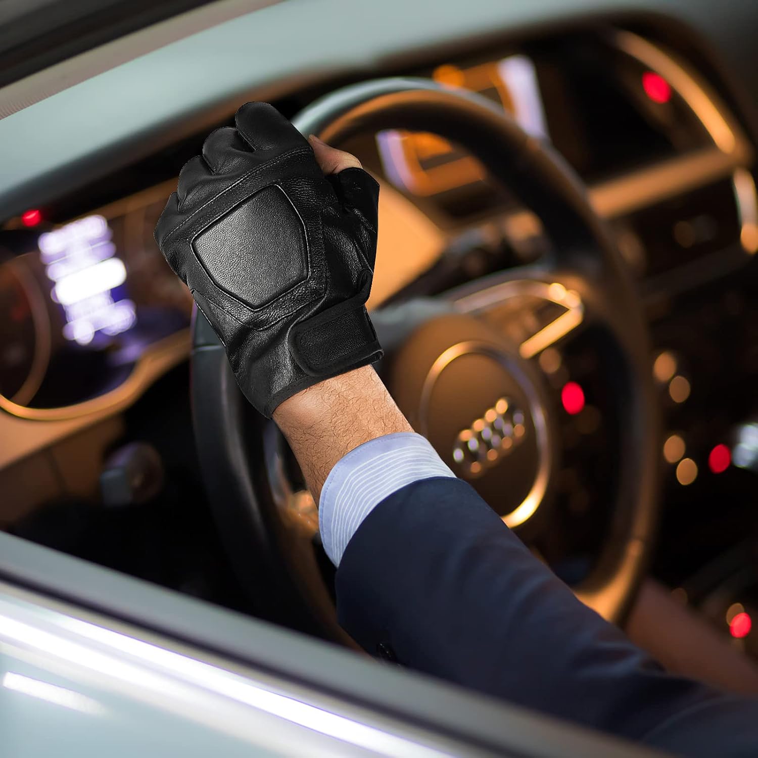 Genuine Leather Cycling Fingerless Gloves, Outdoor Driving Motorcycle Sport Half Finger Glove for Men Women Teens - Image 6