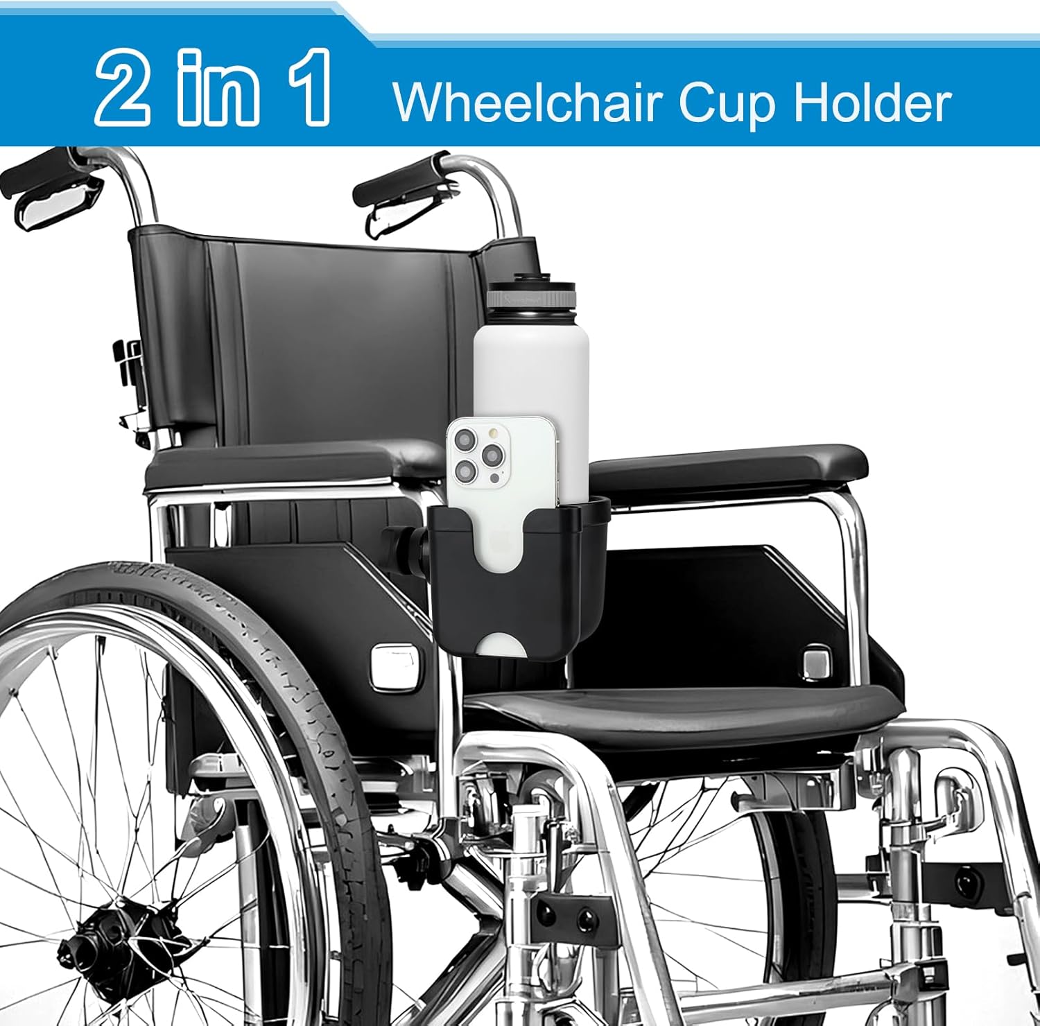 2-in-1 Walker Cup Holder with Phone Holder, Wheelchair Cup Holder, Rollator Cup Holder, Cup Phone Holder for Walker, Wheelchair, Rollator, Mobility Scooter - Image 2