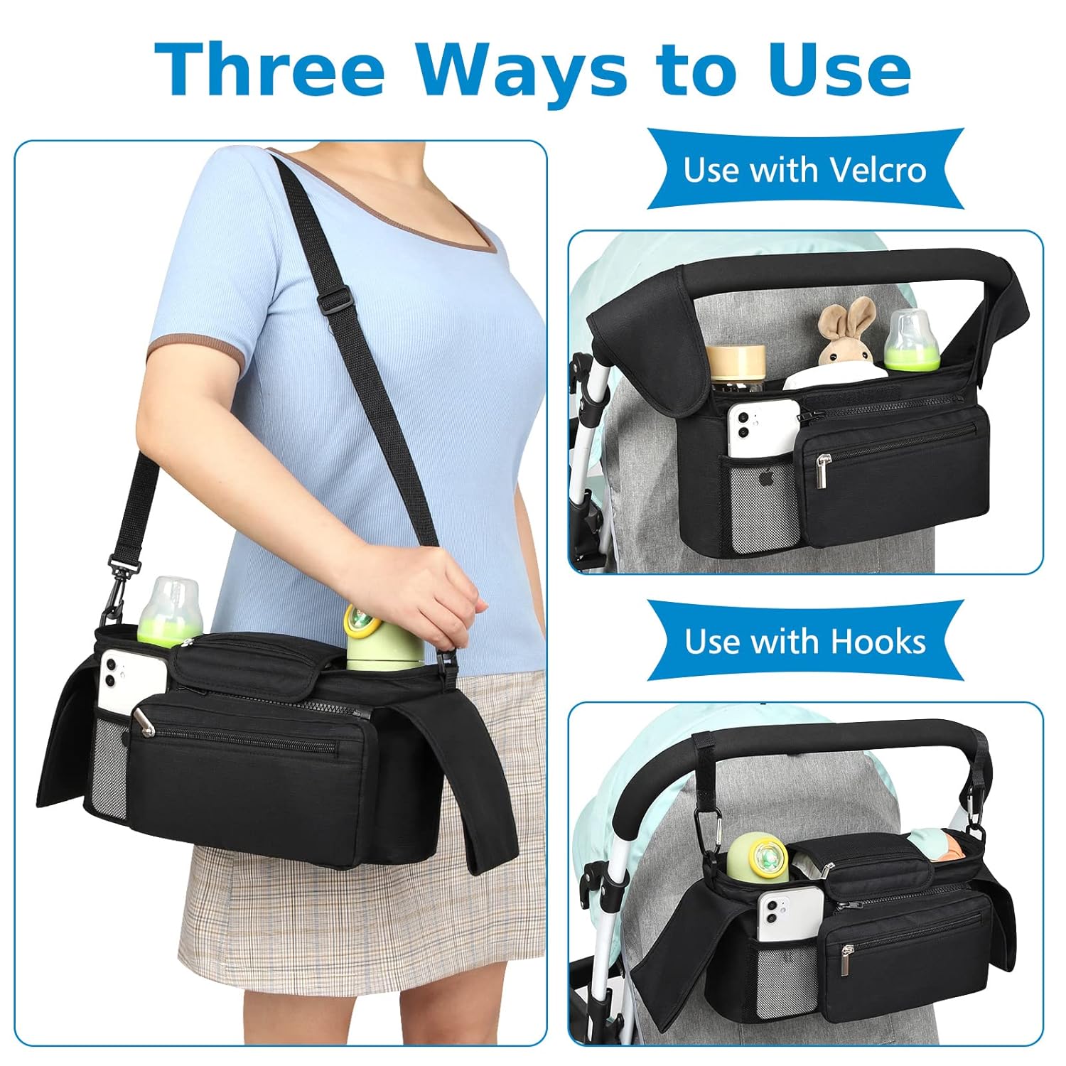 Universal Stroller Organizer with Insulated Cup Holder Detachable Phone Bag and Shoulder Strap,Stroller Bag Caddy Organizer Fits for Uppababy, Baby Jogger, Britax Strollers - Image 5