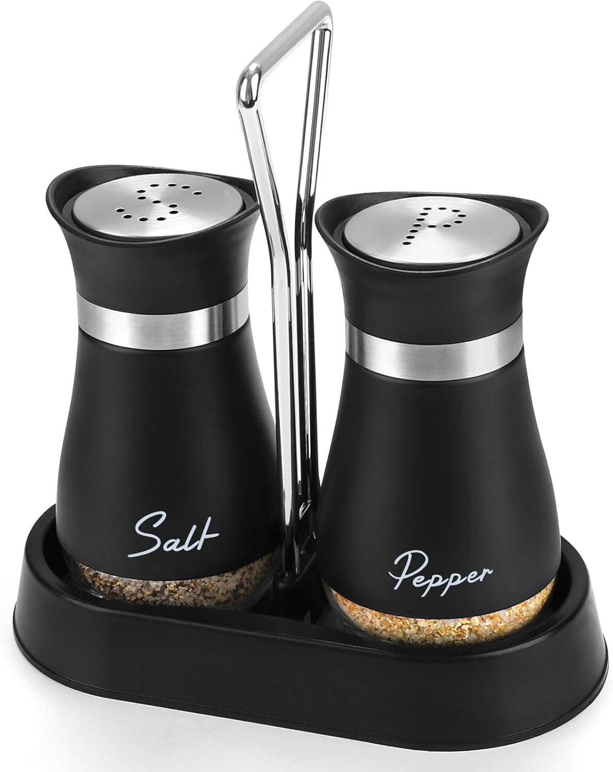 Salt and Pepper Shakers Set with Holder, 4 oz Stainless Steel Salt Pepper Shaker Containers with Glass Bottom for Kitchen Cooking, BBQ, Bar, Table, RV, Camp - Image 1