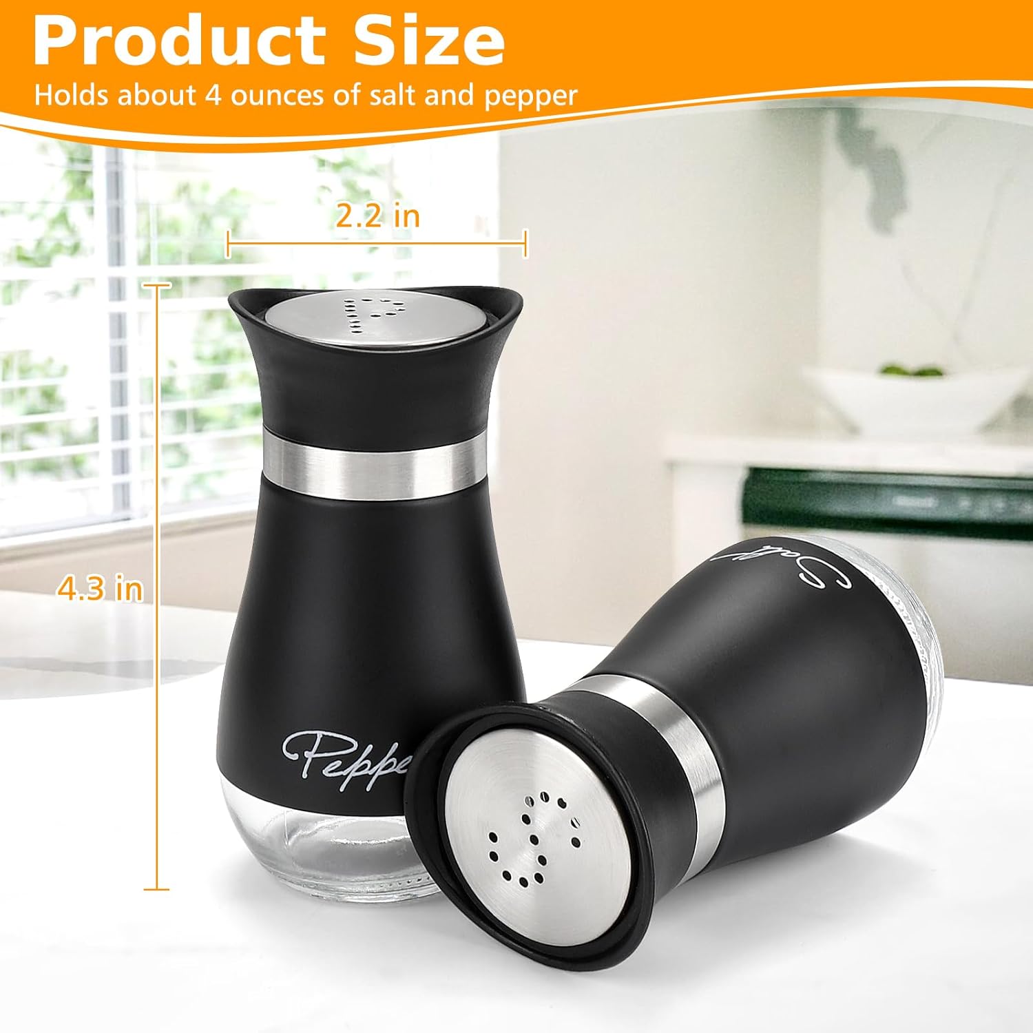 Salt and Pepper Shakers Set with Holder, 4 oz Stainless Steel Salt Pepper Shaker Containers with Glass Bottom for Kitchen Cooking, BBQ, Bar, Table, RV, Camp - Image 2
