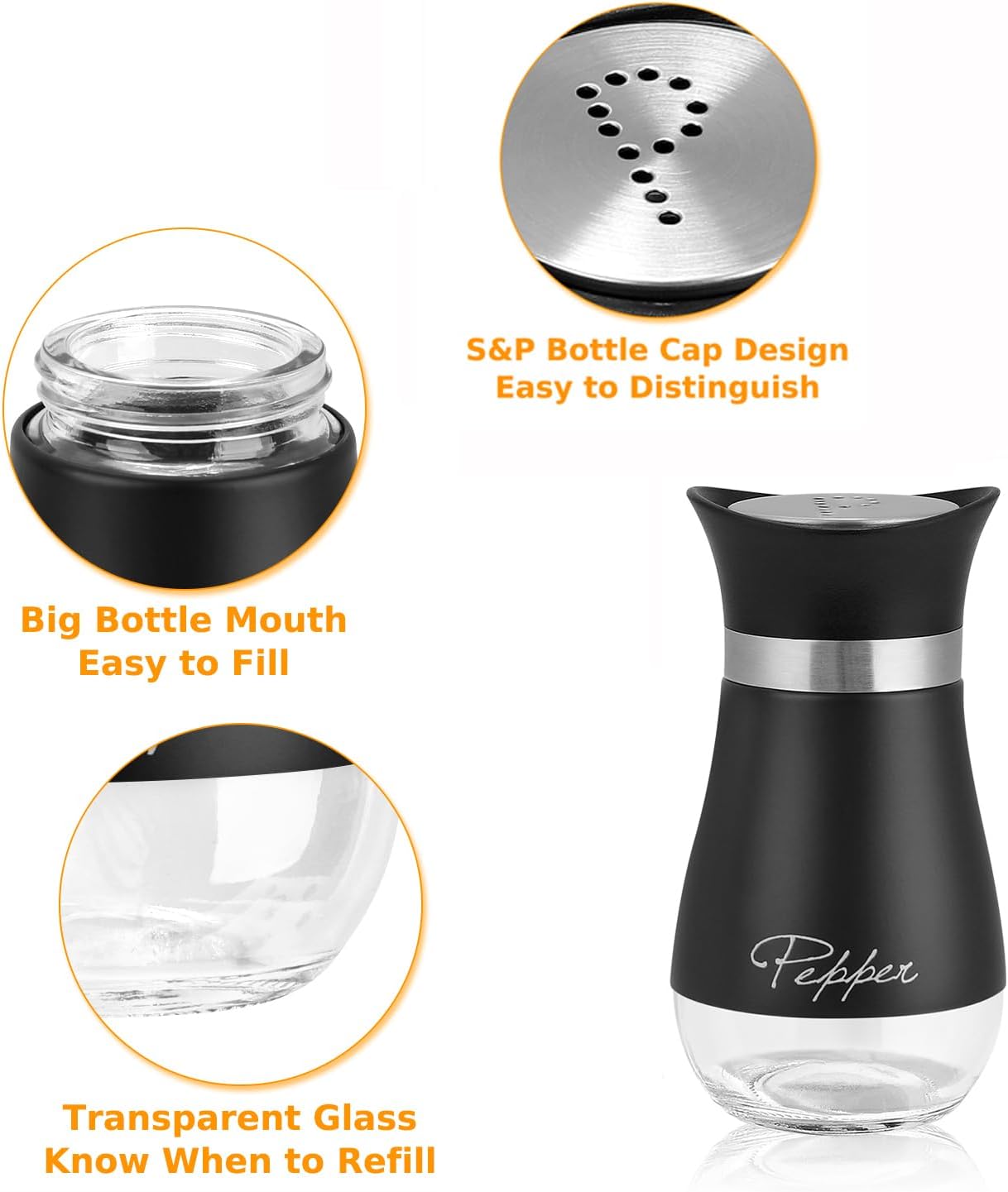 Salt and Pepper Shakers Set with Holder, 4 oz Stainless Steel Salt Pepper Shaker Containers with Glass Bottom for Kitchen Cooking, BBQ, Bar, Table, RV, Camp - Image 3