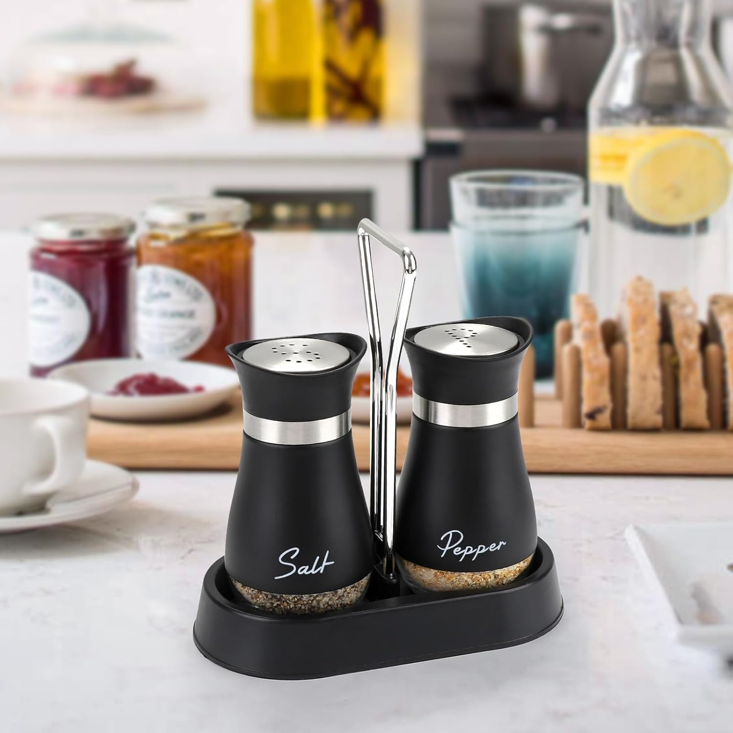Salt and Pepper Shakers Set with Holder, 4 oz Stainless Steel Salt Pepper Shaker Containers with Glass Bottom for Kitchen Cooking, BBQ, Bar, Table, RV, Camp - Image 5