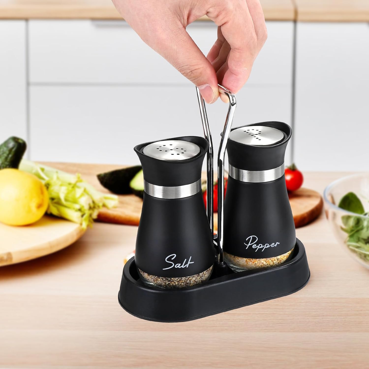 Salt and Pepper Shakers Set with Holder, 4 oz Stainless Steel Salt Pepper Shaker Containers with Glass Bottom for Kitchen Cooking, BBQ, Bar, Table, RV, Camp - Image 6