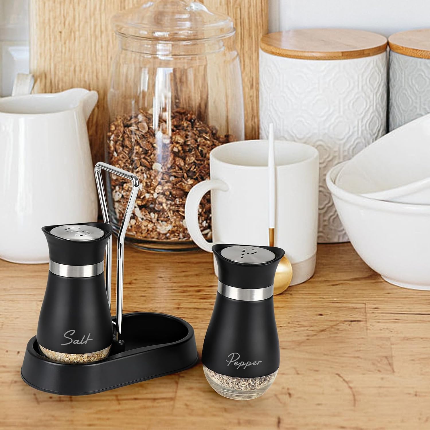 Salt and Pepper Shakers Set with Holder, 4 oz Stainless Steel Salt Pepper Shaker Containers with Glass Bottom for Kitchen Cooking, BBQ, Bar, Table, RV, Camp - Image 8