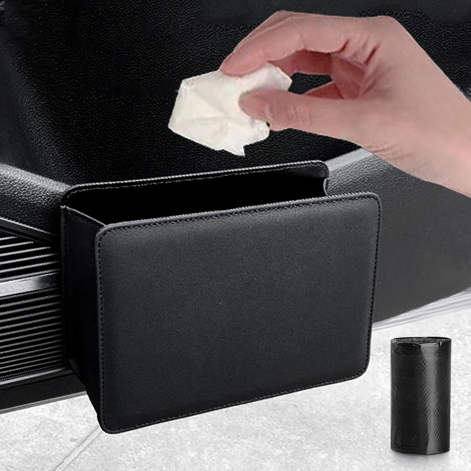 Car Trash Can, Leather Vehicle Trash Bin Car Dustbin Garbage Organizer Holder with 30 Pcs Trash Bags, Foldable Hanging Mini Cars Storage Bag Container for Auto, SUV (Black) - Image 1