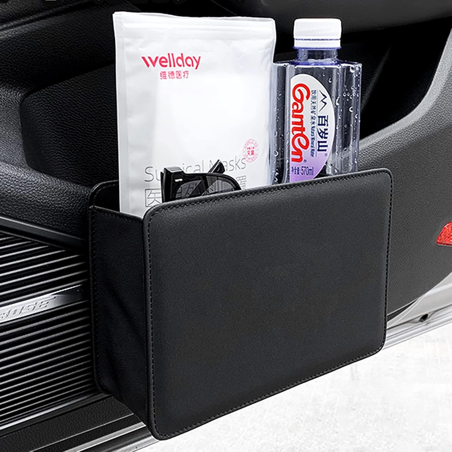 Car Trash Can, Leather Vehicle Trash Bin Car Dustbin Garbage Organizer Holder with 30 Pcs Trash Bags, Foldable Hanging Mini Cars Storage Bag Container for Auto, SUV (Black) - Image 2