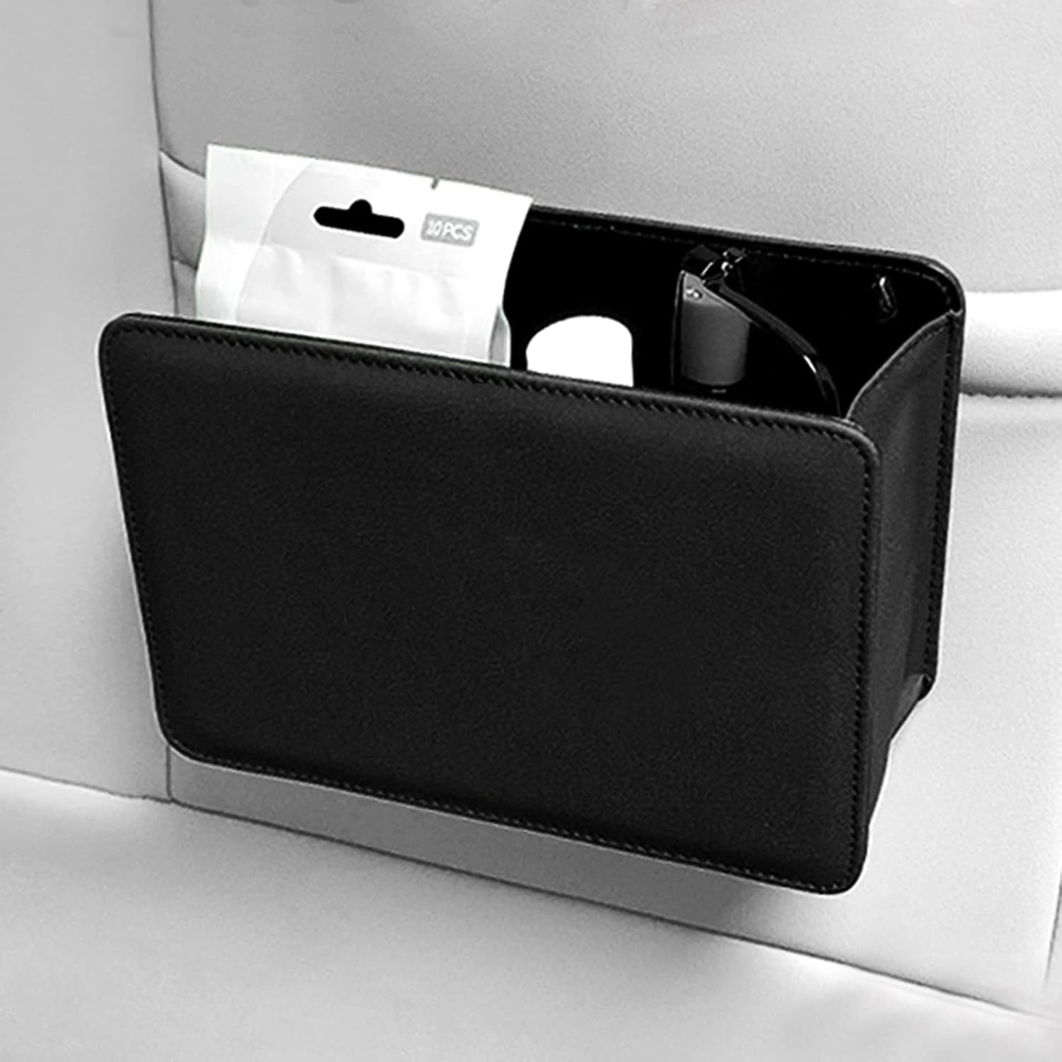 Car Trash Can, Leather Vehicle Trash Bin Car Dustbin Garbage Organizer Holder with 30 Pcs Trash Bags, Foldable Hanging Mini Cars Storage Bag Container for Auto, SUV (Black) - Image 3
