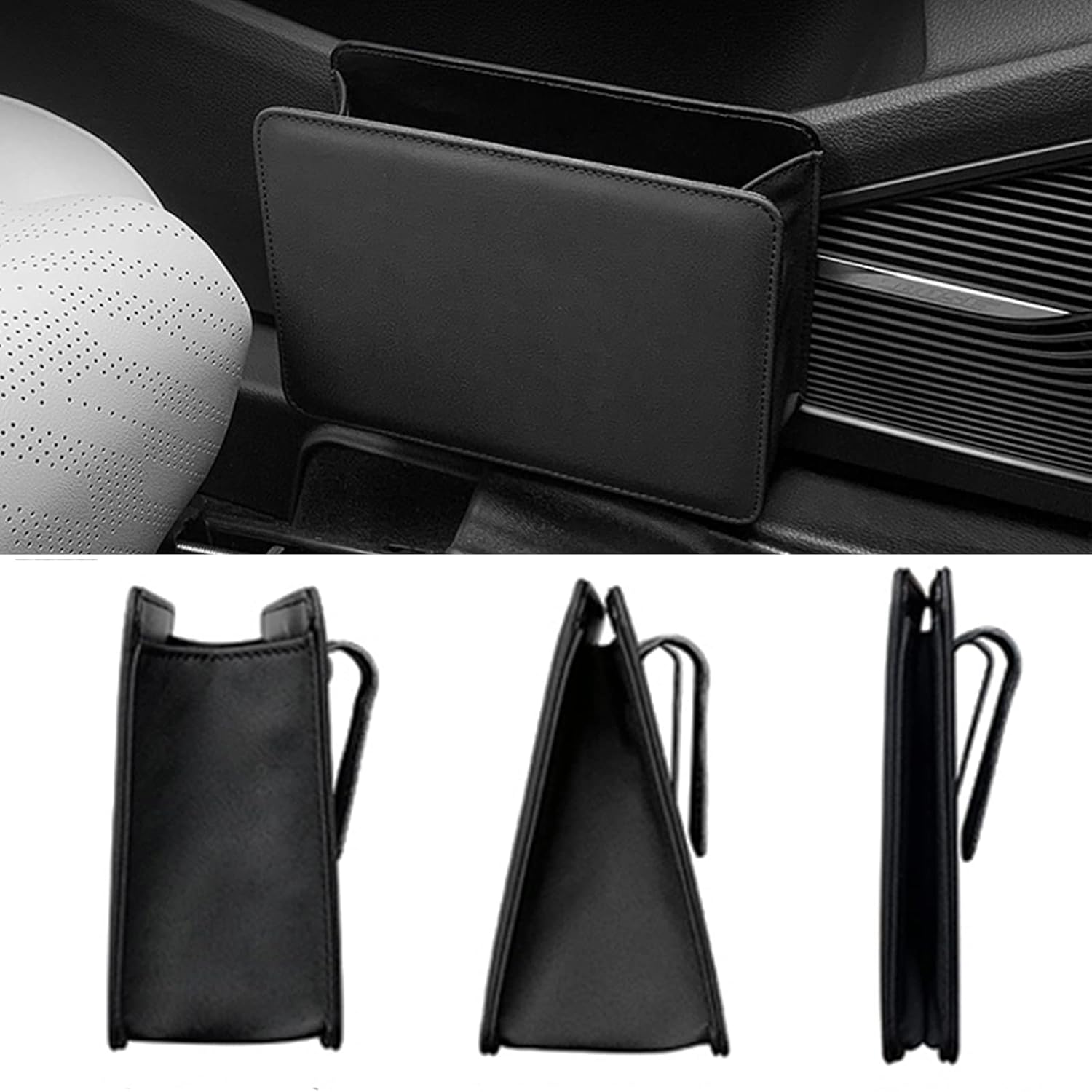 Car Trash Can, Leather Vehicle Trash Bin Car Dustbin Garbage Organizer Holder with 30 Pcs Trash Bags, Foldable Hanging Mini Cars Storage Bag Container for Auto, SUV (Black) - Image 5
