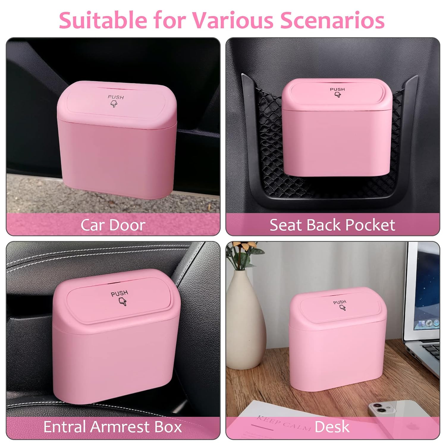 Car Trash Can with Lid, Leakproof Vehicle Garbage Organizer Holder Bin with 60 Pack Trash Bags, Mini Auto Dustbin Accessories Storage Container for Vans, SUVs, Office (Pink) - Image 7