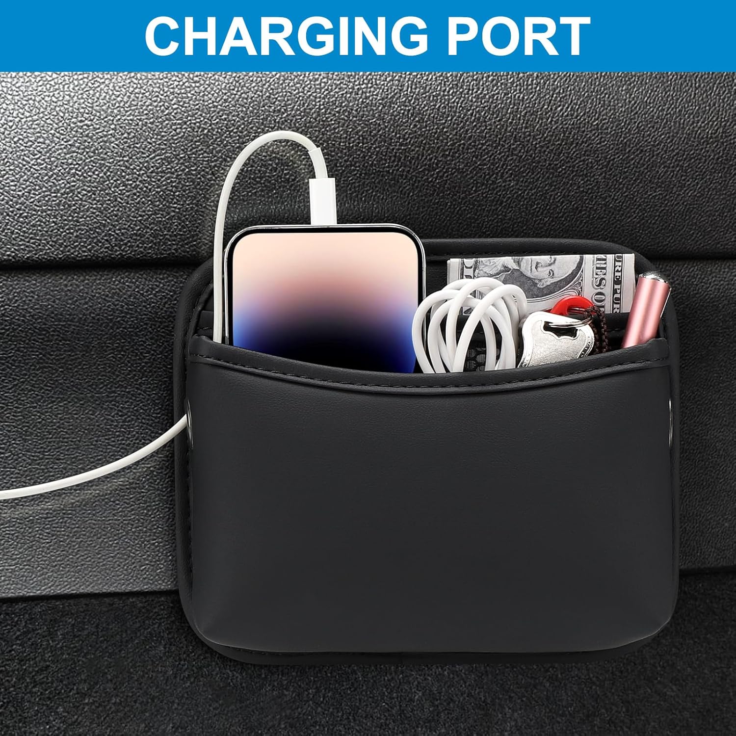 Car Seat Side Pocket Organizer, PU Leather Pouch Bag for Car Seat, Door, Window, Console, Registration Wallet Cards Trash Phone Sunglasses Holder Pocket for Auto - Image 4